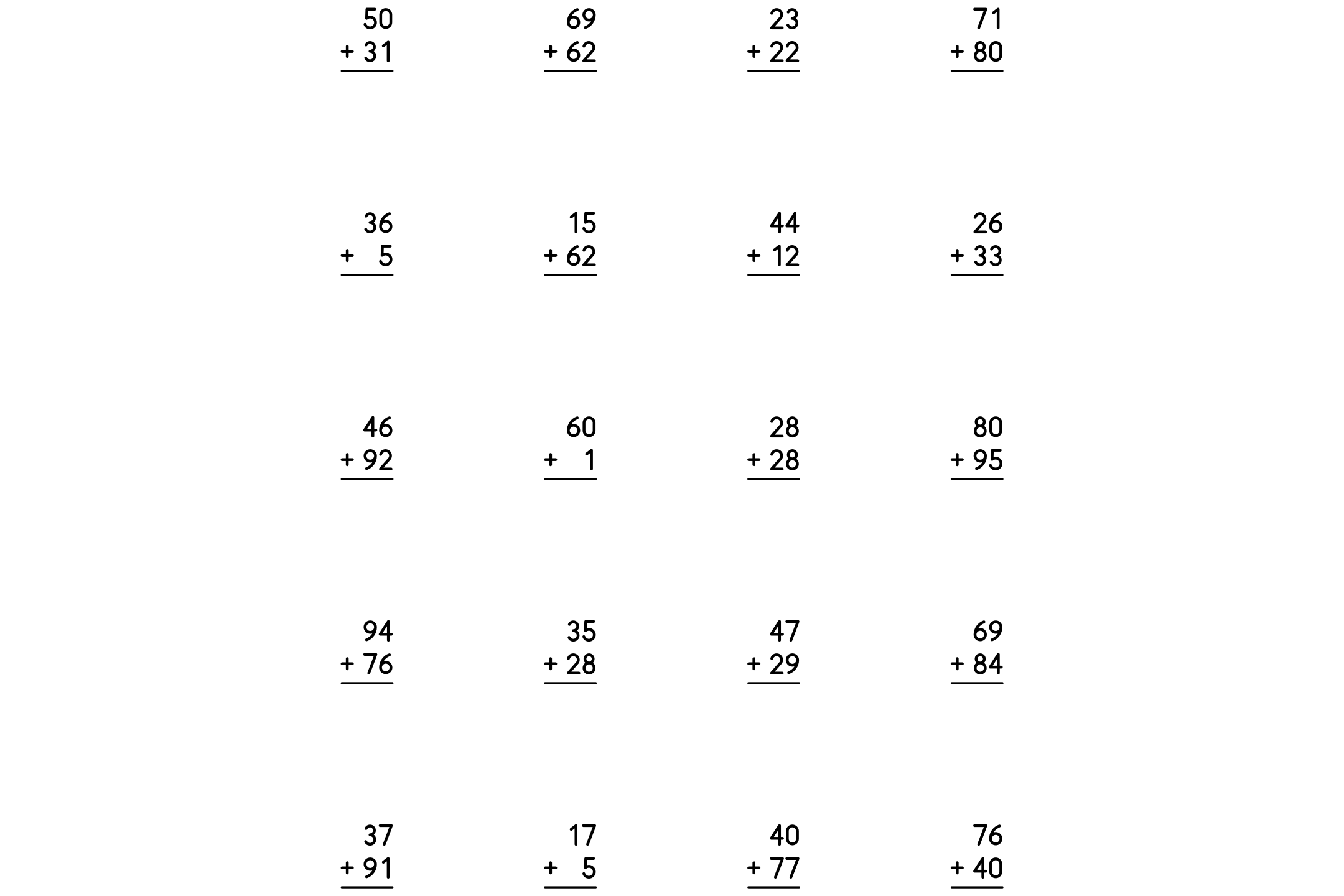 An addition worksheet with two-digit numbers, ready to print.