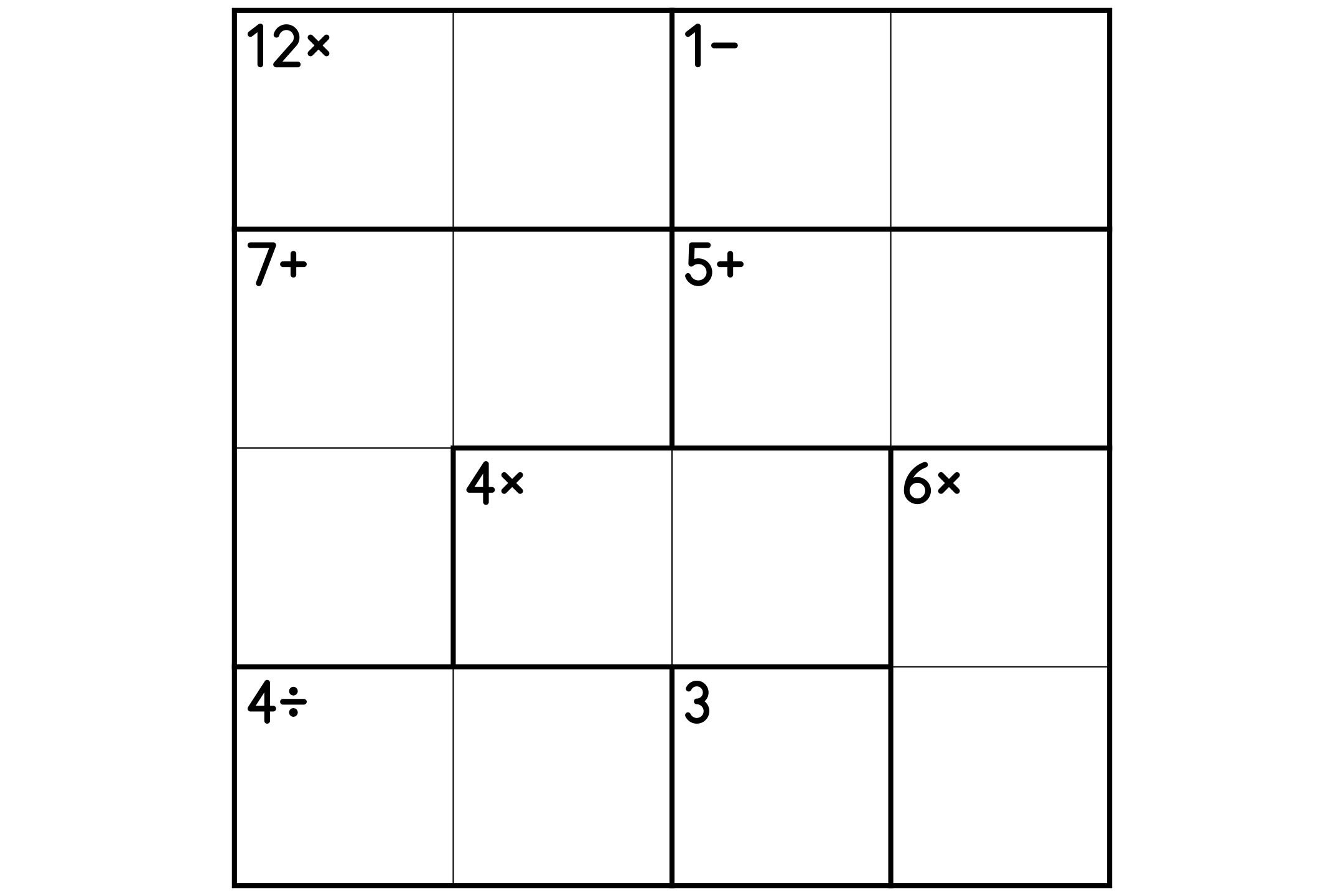 A 4x4 Calcudoku puzzle with the four operations, ready to print.
