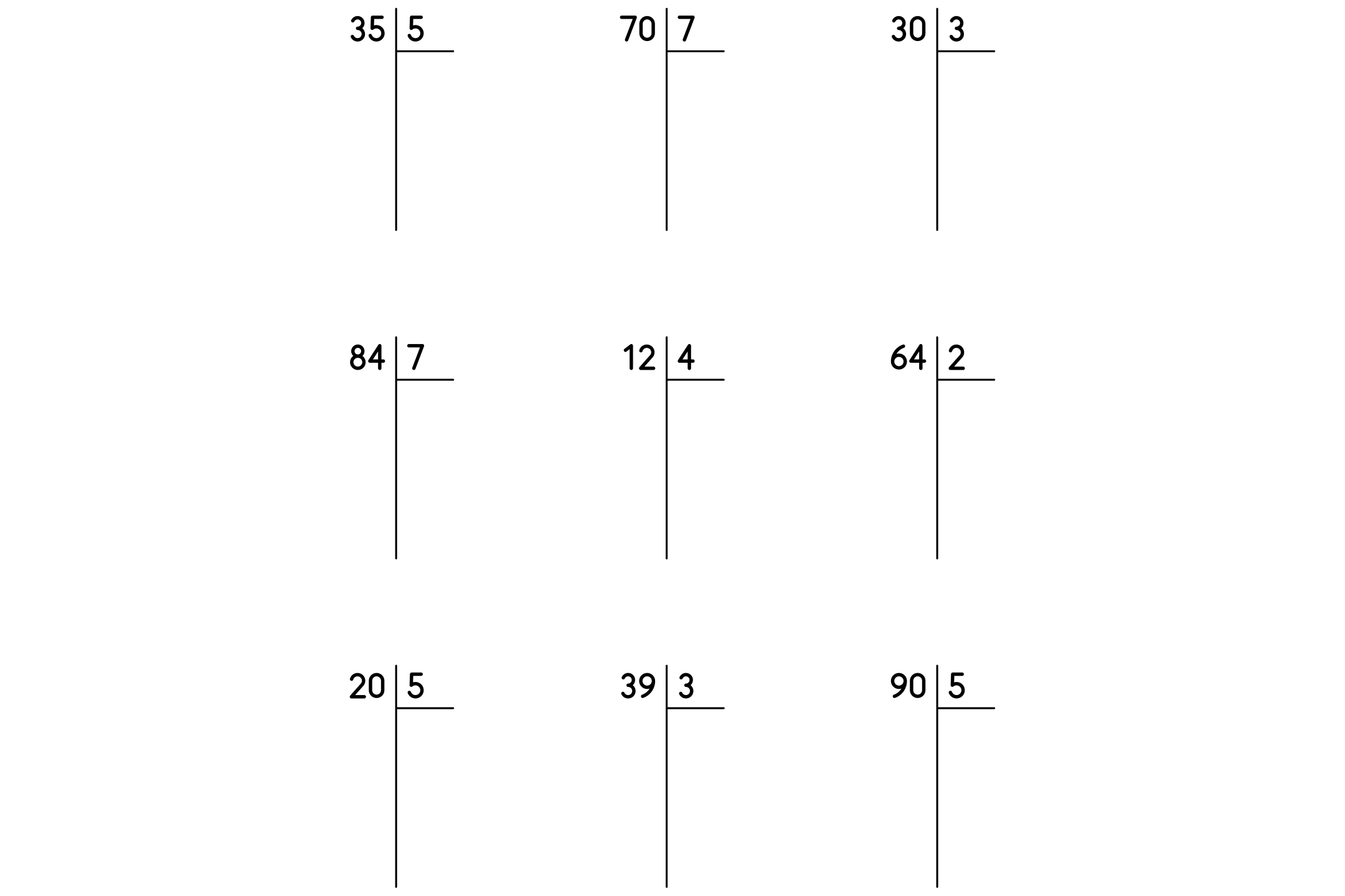 A long division worksheet with 2-digit numbers and no remainder, ready to print.