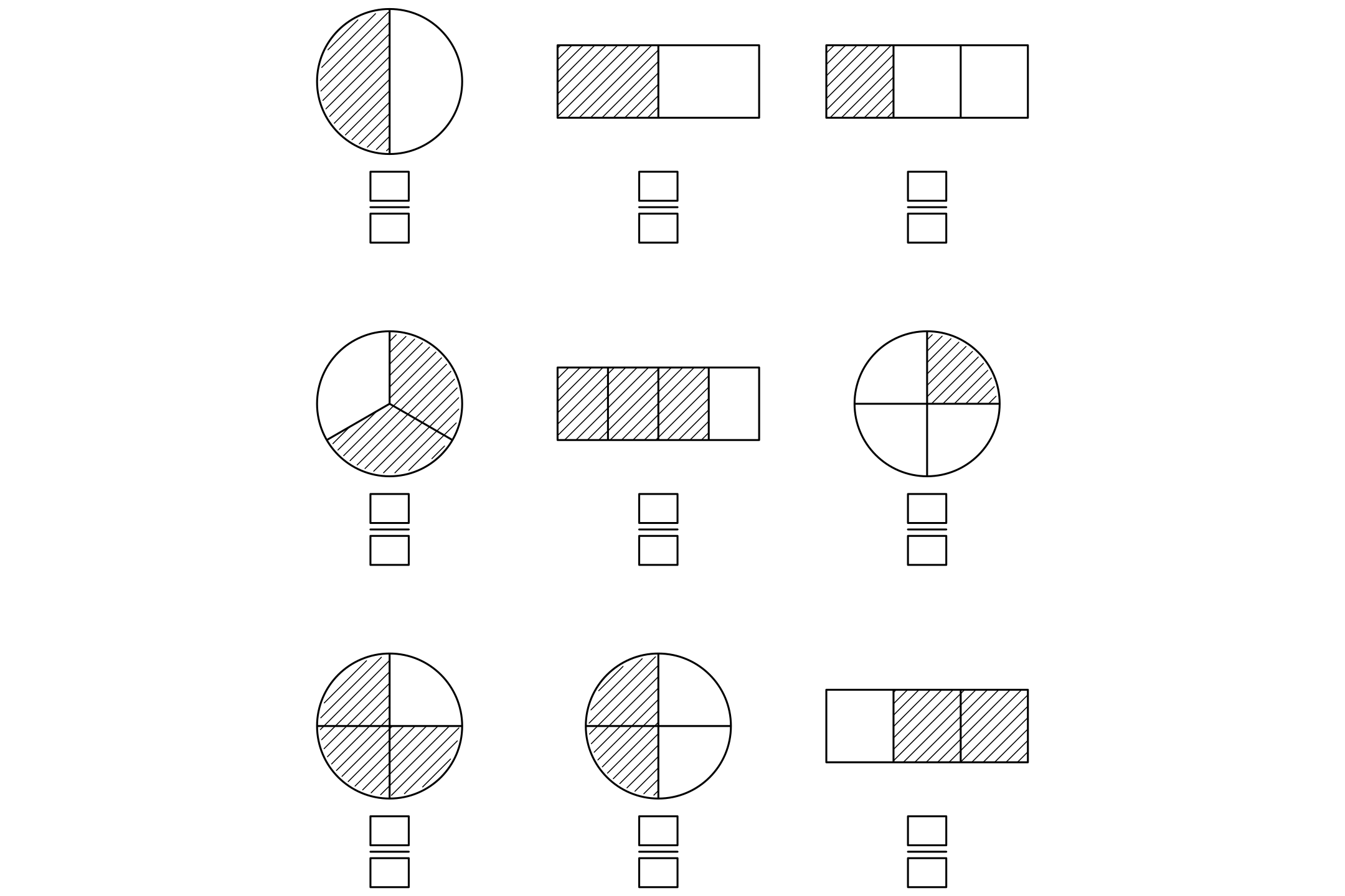 A fraction worksheet with halves, thirds and quarters to name, ready to print.
