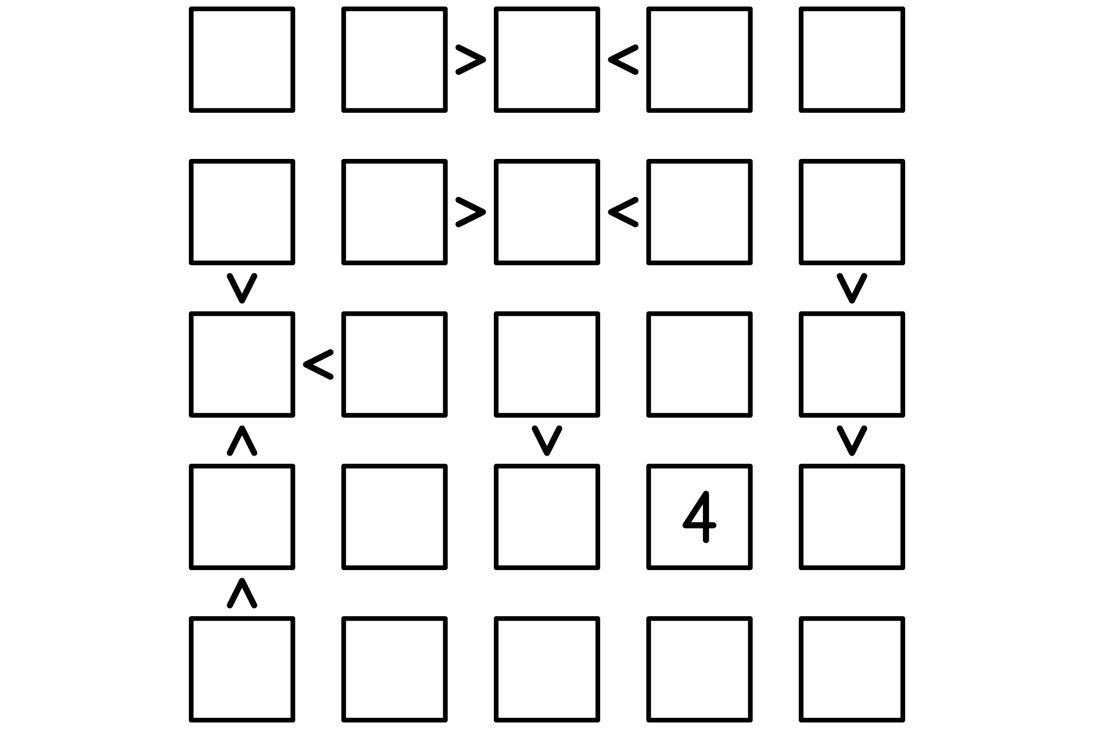 A 5x5 Futoshiki puzzle, ready to print.