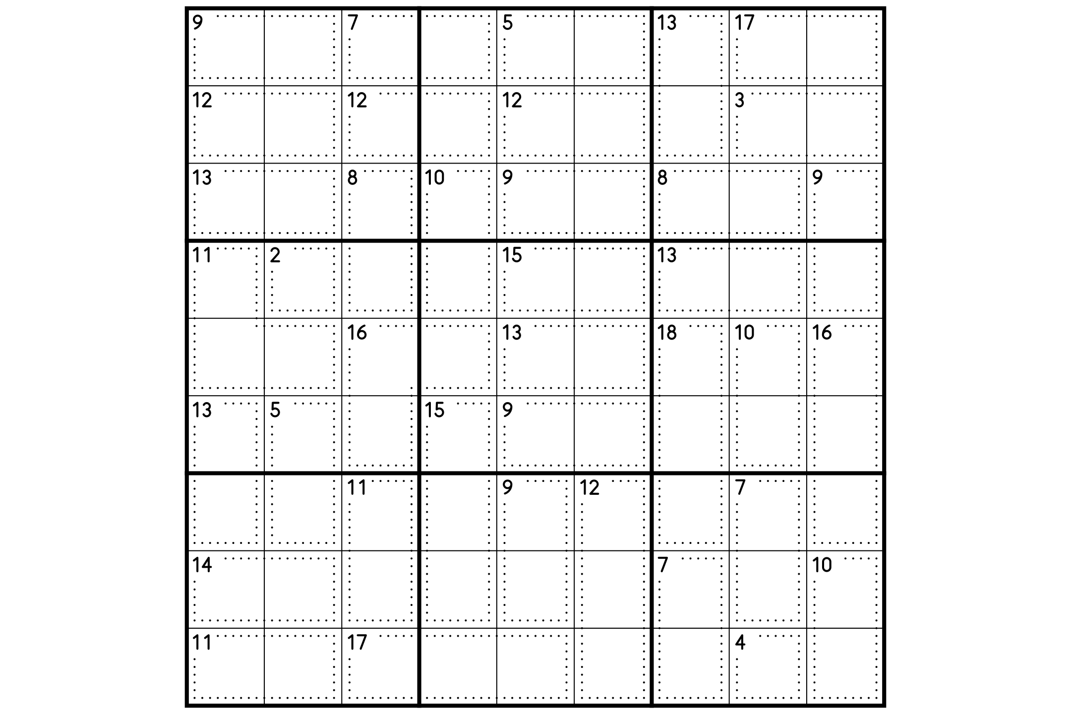 A 9x9 killer sudoku puzzle, ready to print.