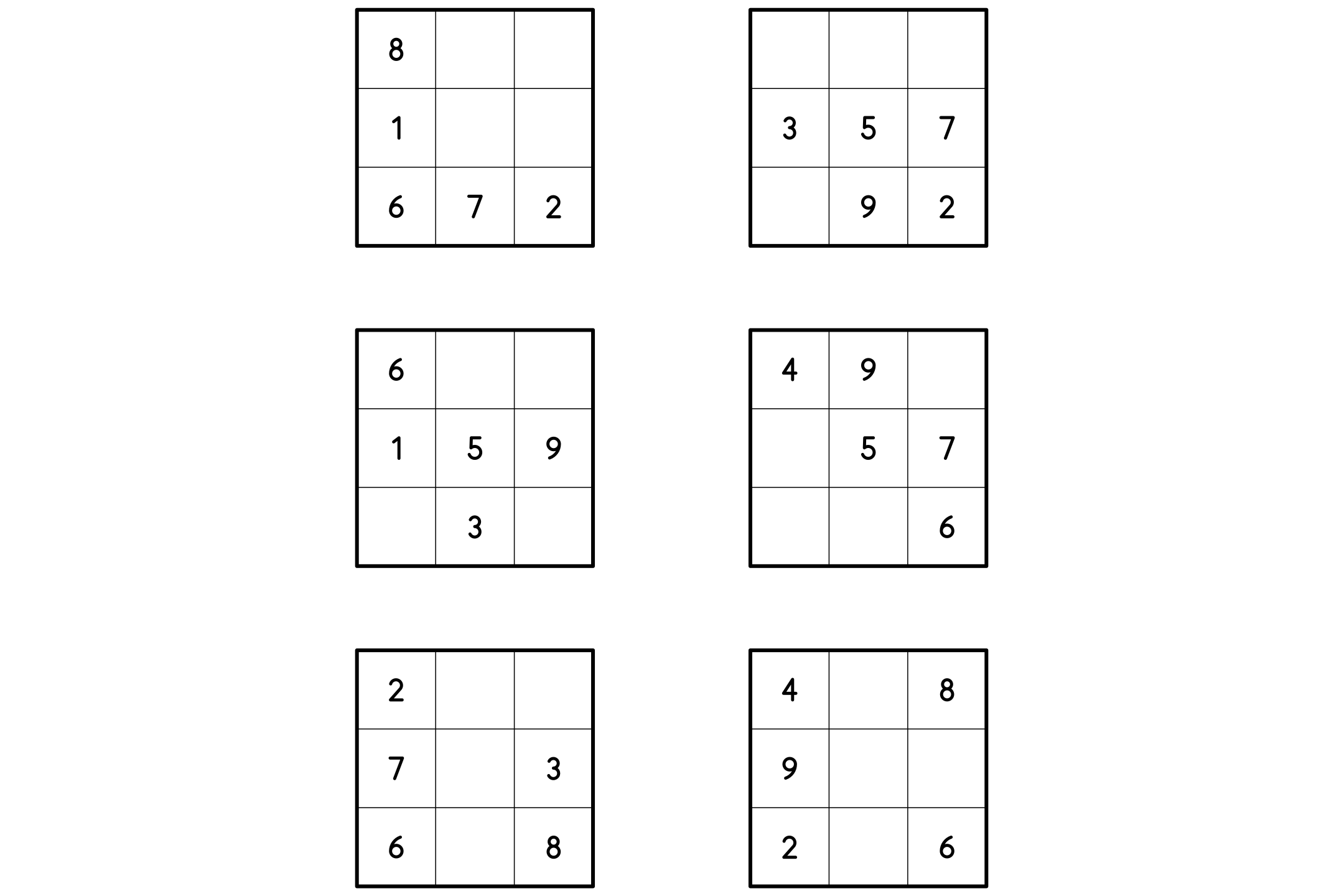 A worksheet of magic squares with the numbers 1 to 9, ready to print.