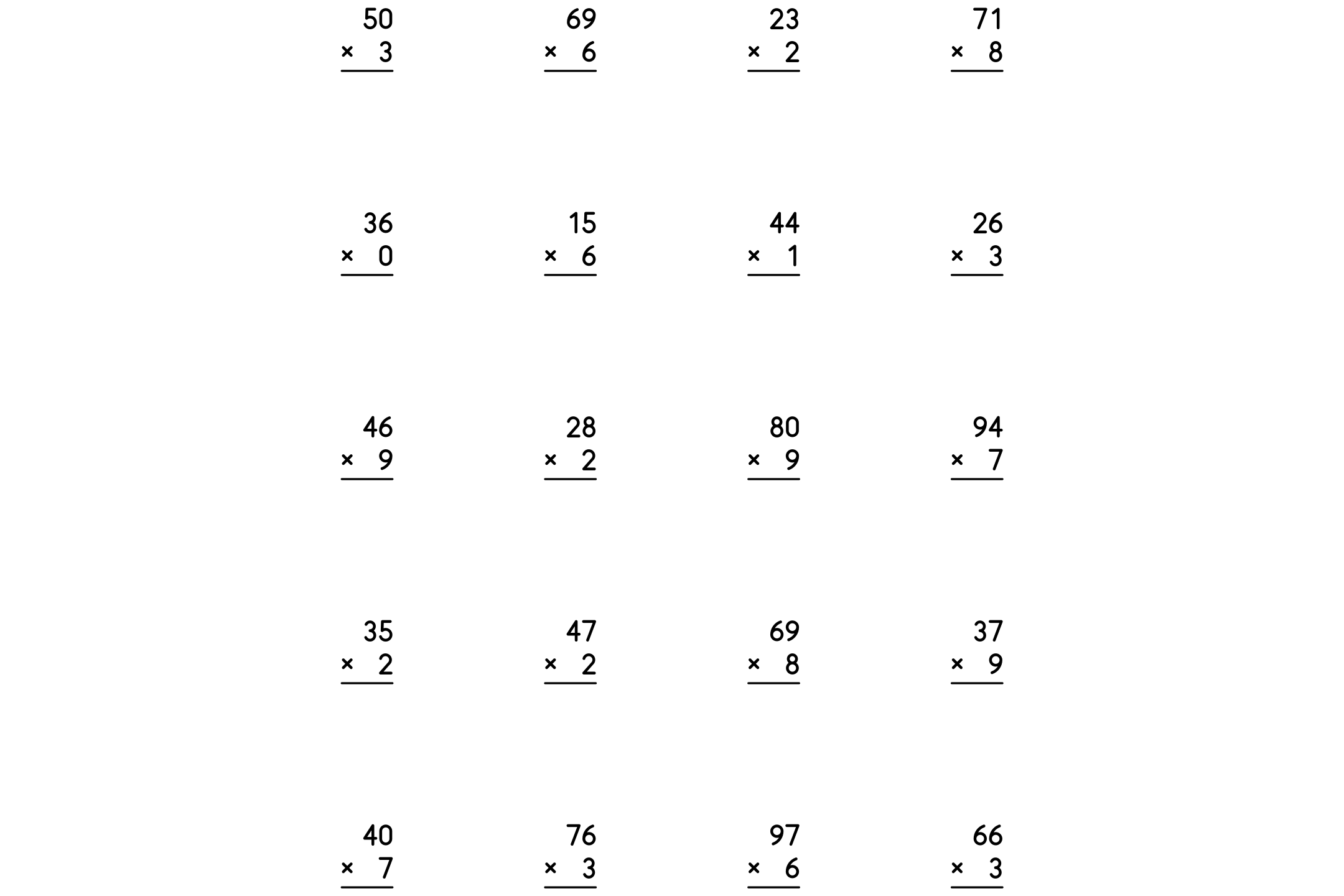 A multiplication worksheet with 2-digit by 1-digit numbers, ready to print.