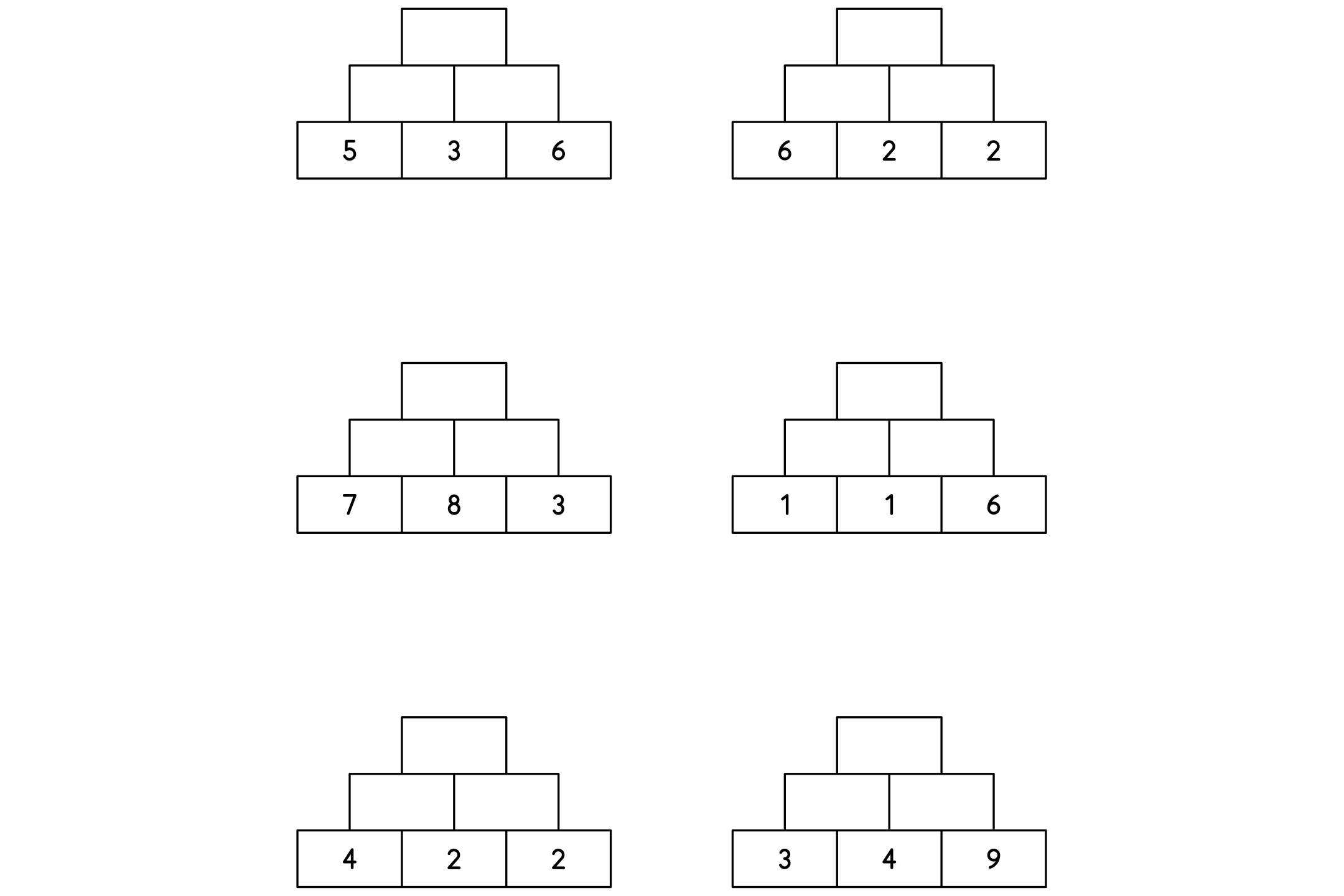 A worksheet of number pyramids with 3 rows, ready to print.