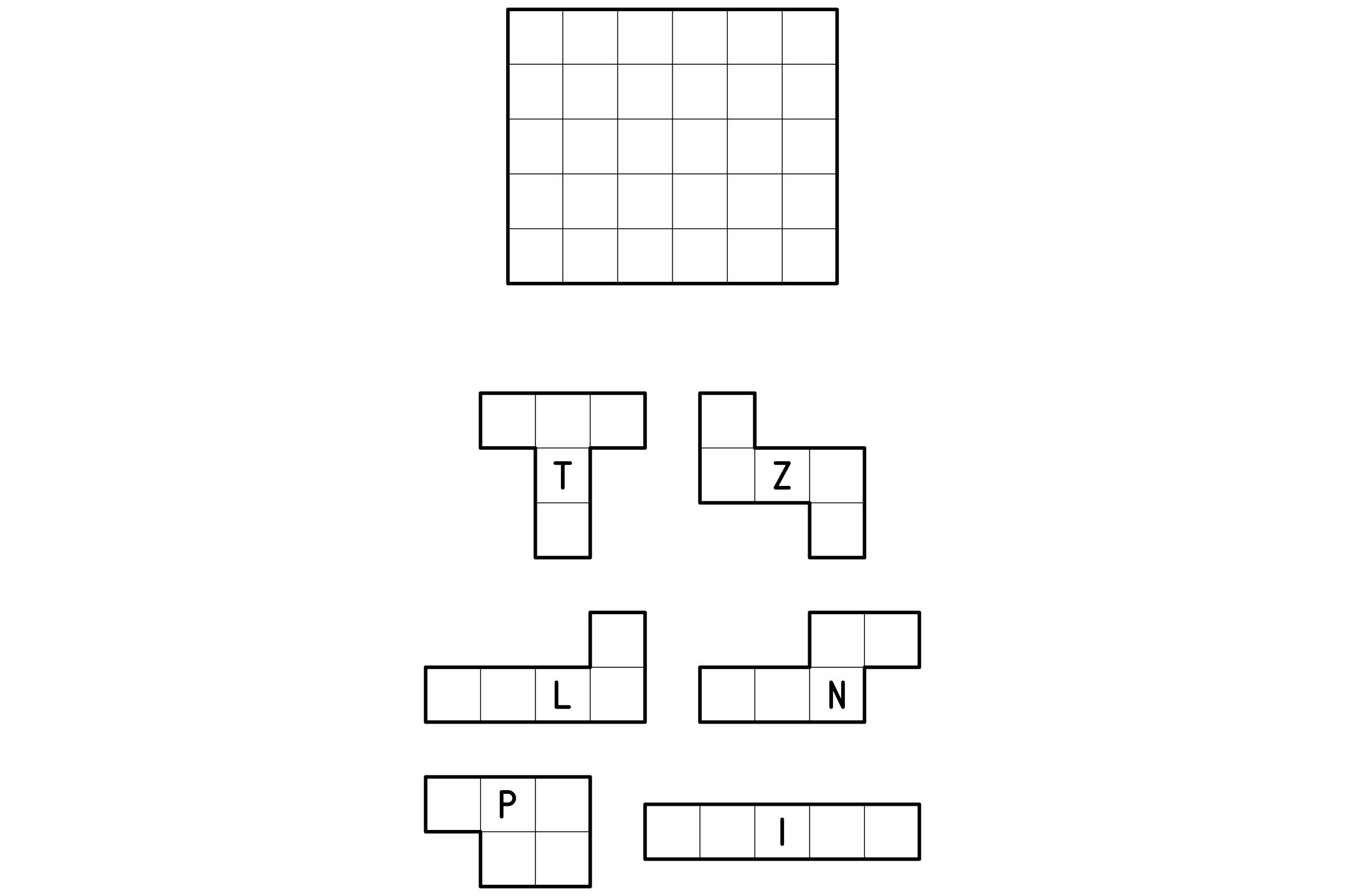A rectangle drawn on squares above a set of pentomino pieces to cut out, each marked with its letter.