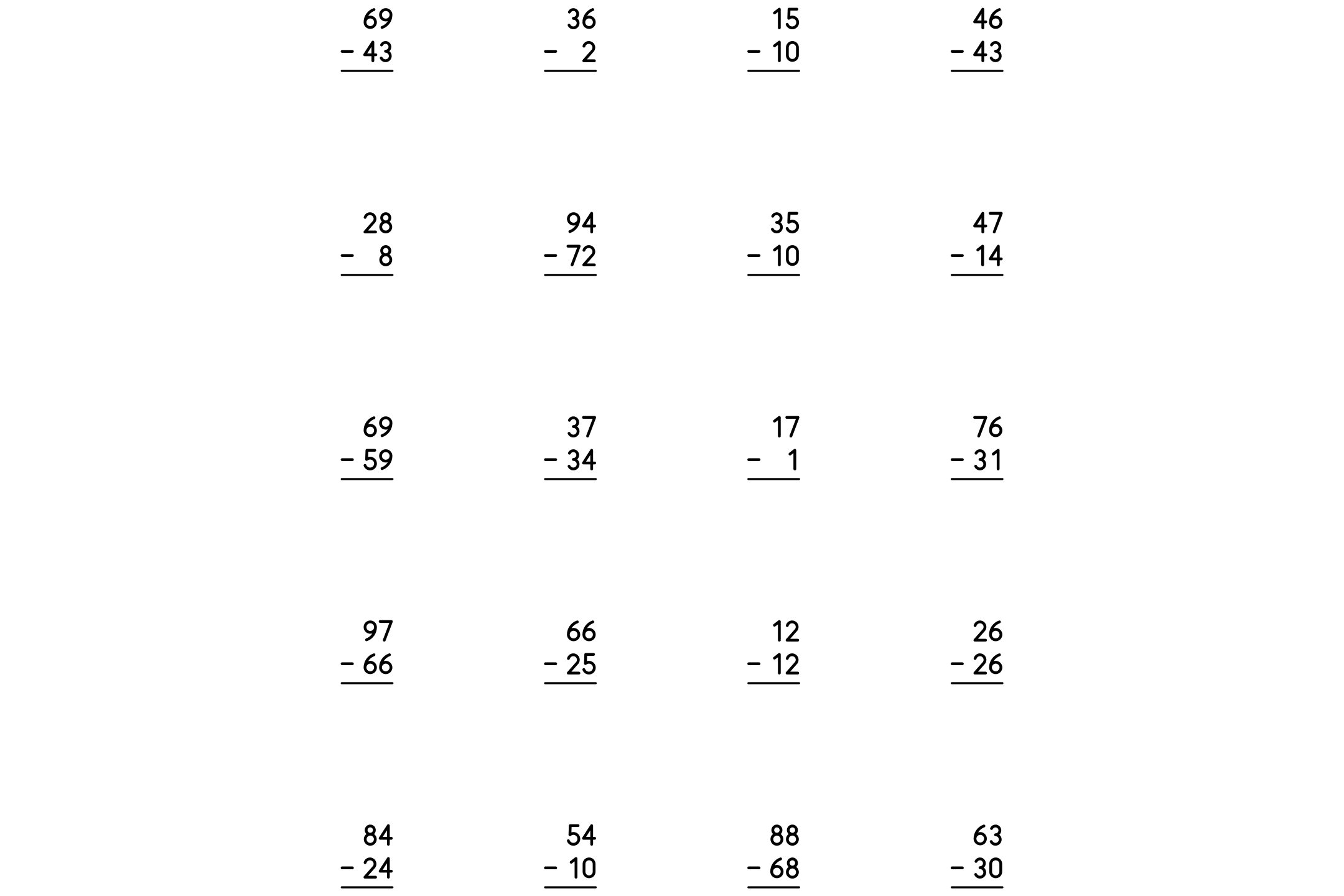 A subtraction worksheet with two-digit numbers and no borrowing, ready to print.