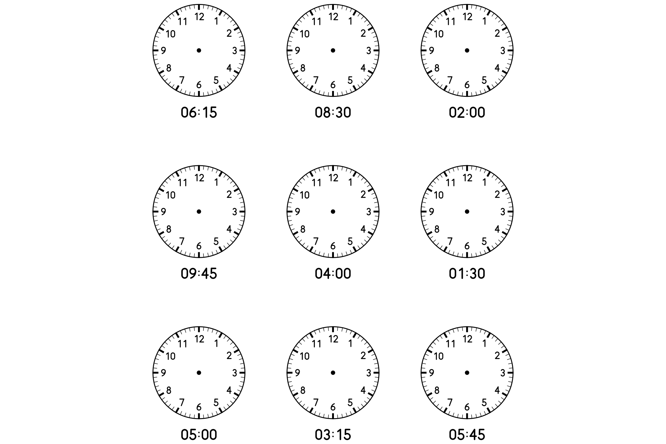 A telling time worksheet with hours and quarter hours, ready to print.