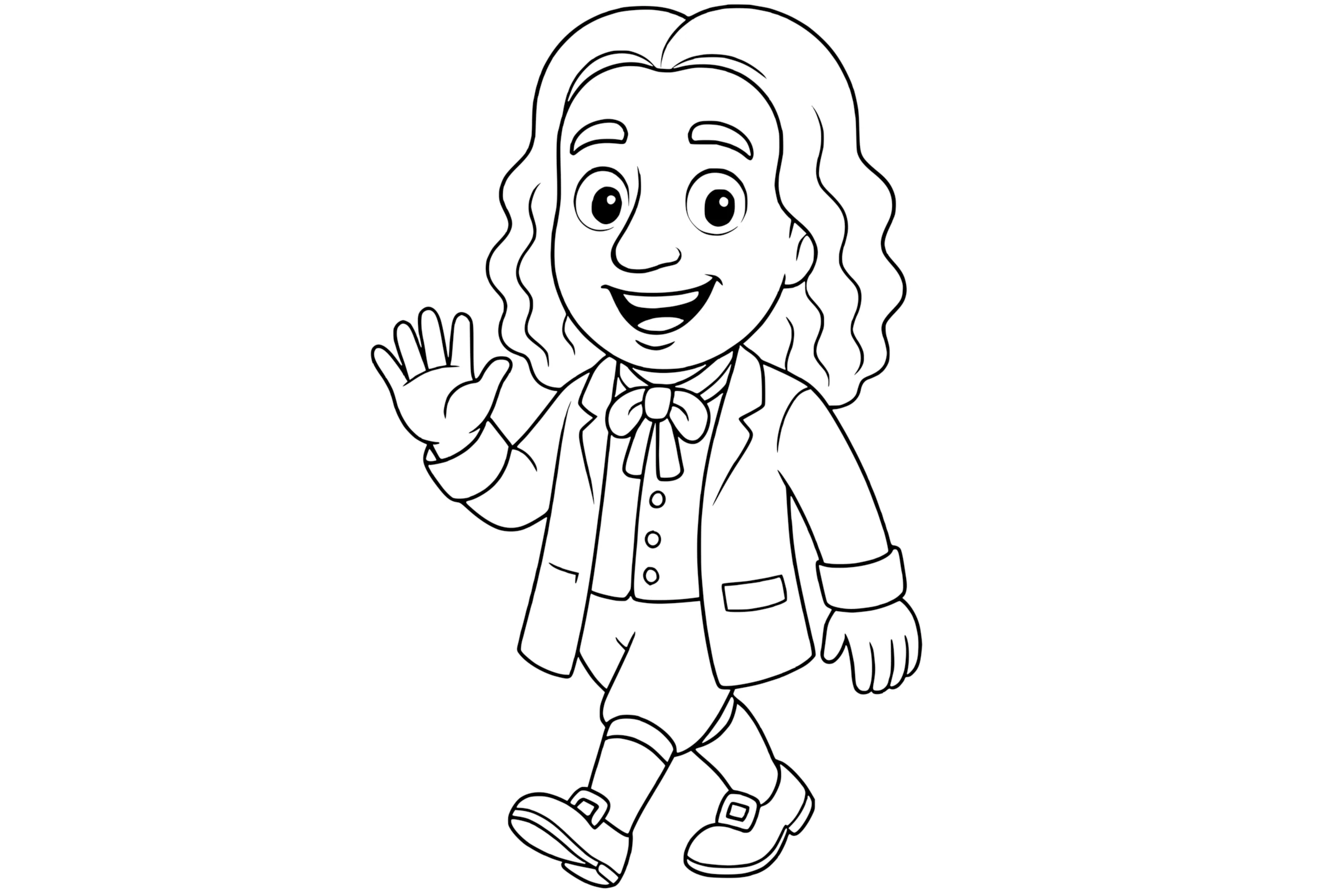 Isaac Newton smiling with long wavy hair, wearing a coat with a bow tie, waving one hand and walking.