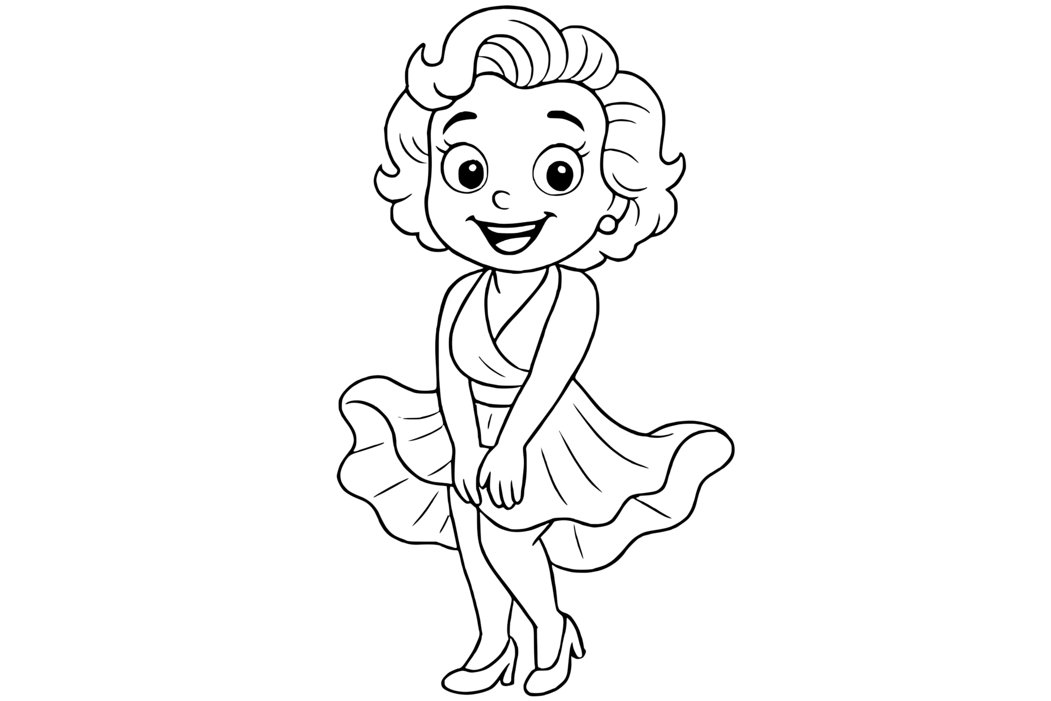 Marilyn Monroe smiling with short curly hair, wearing a flowing dress and high heels, holding down her skirt with both hands.