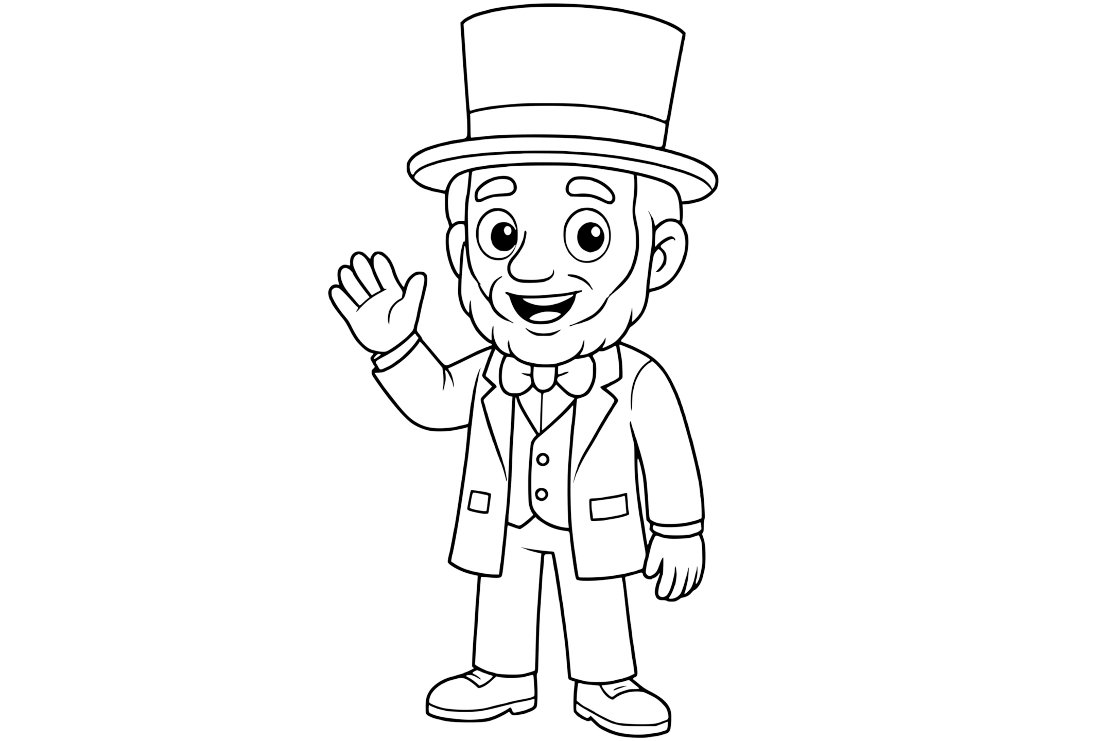 Abraham Lincoln smiling with a beard, wearing a tall top hat, bow tie, suit, and waving with one hand.