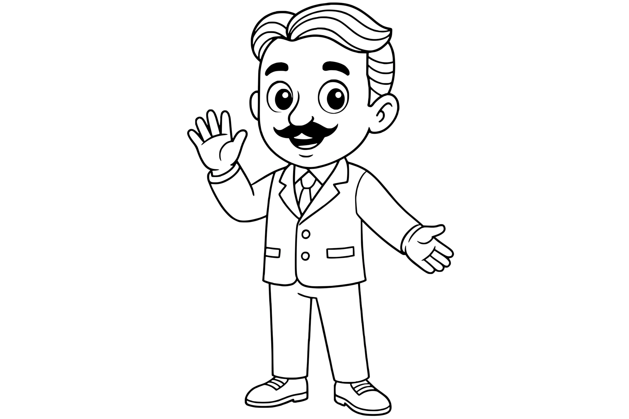 Nikola Tesla smiling with a neat mustache, wearing a suit and tie, waving with one hand and gesturing with the other.
