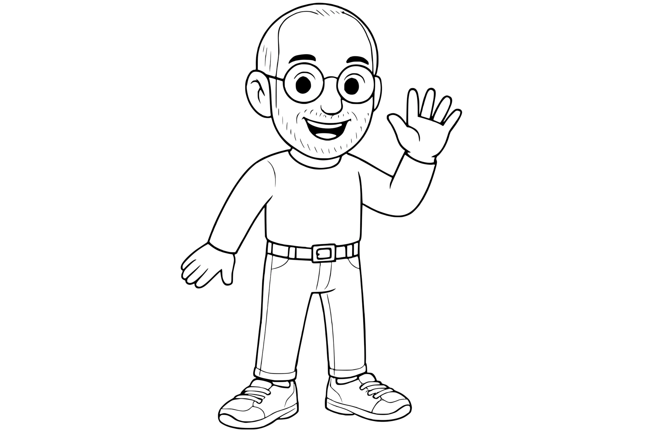 Steve Jobs smiling with glasses and stubble, wearing a long-sleeve shirt, jeans, and sneakers, waving with one hand.