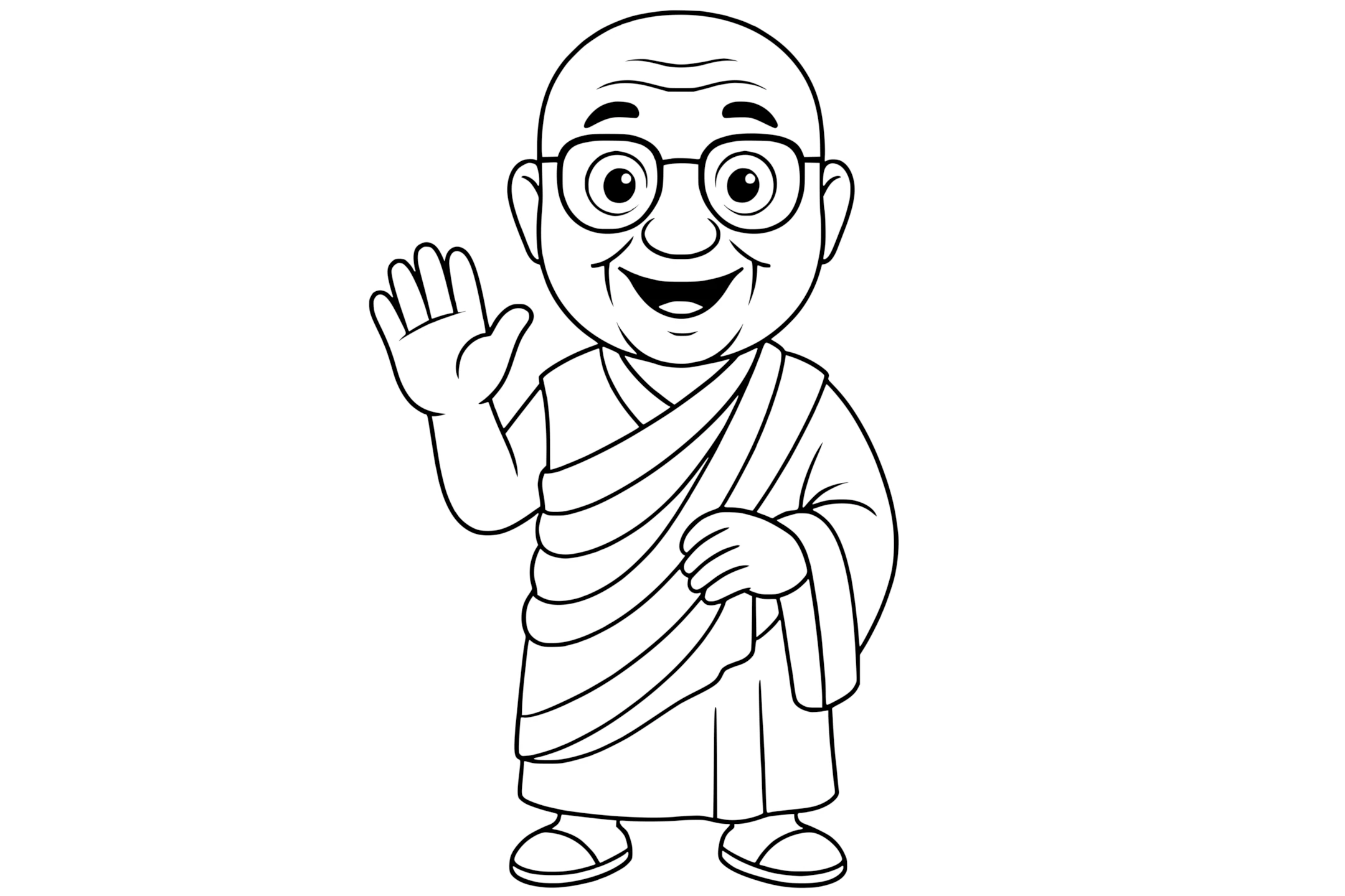 the Dalai Lama smiling and waving, wearing glasses and traditional robes, with visible hand, feet, and facial features.