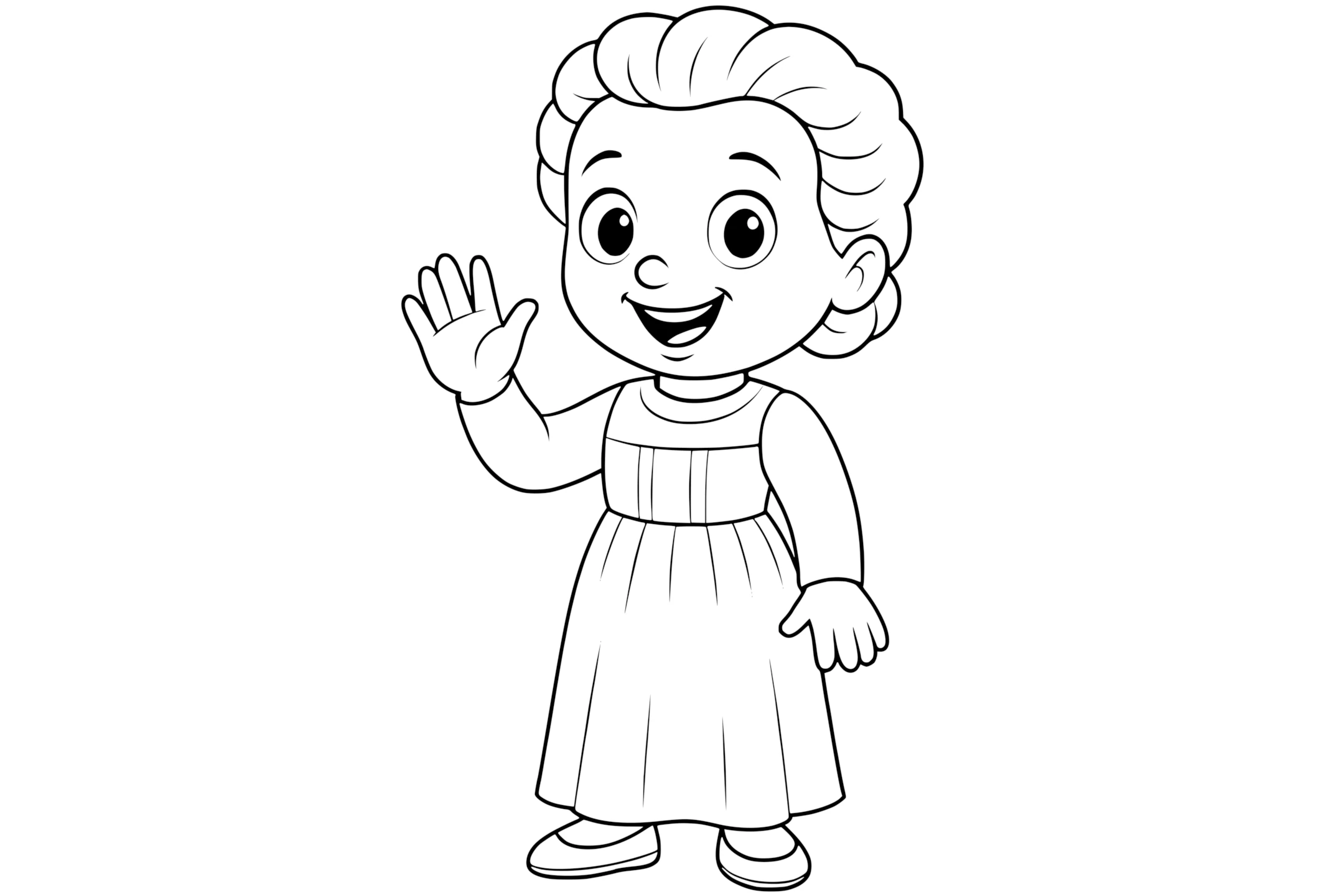Marie Curie smiling and waving, wearing a long dress with puffed sleeves and flat shoes, with visible facial features and hands.