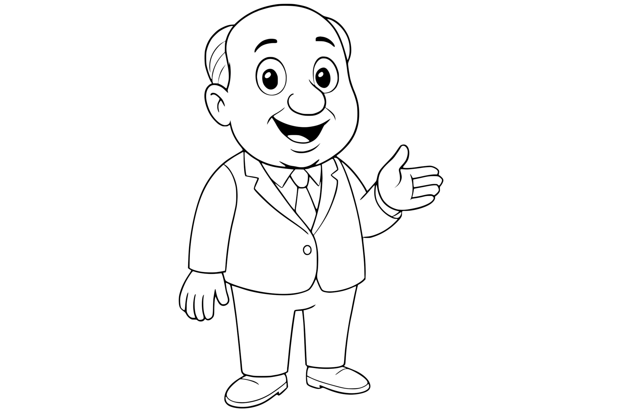 Alfred Hitchcock smiling in a suit and tie, with one hand raised and the other down, showing a bald head and formal shoes.