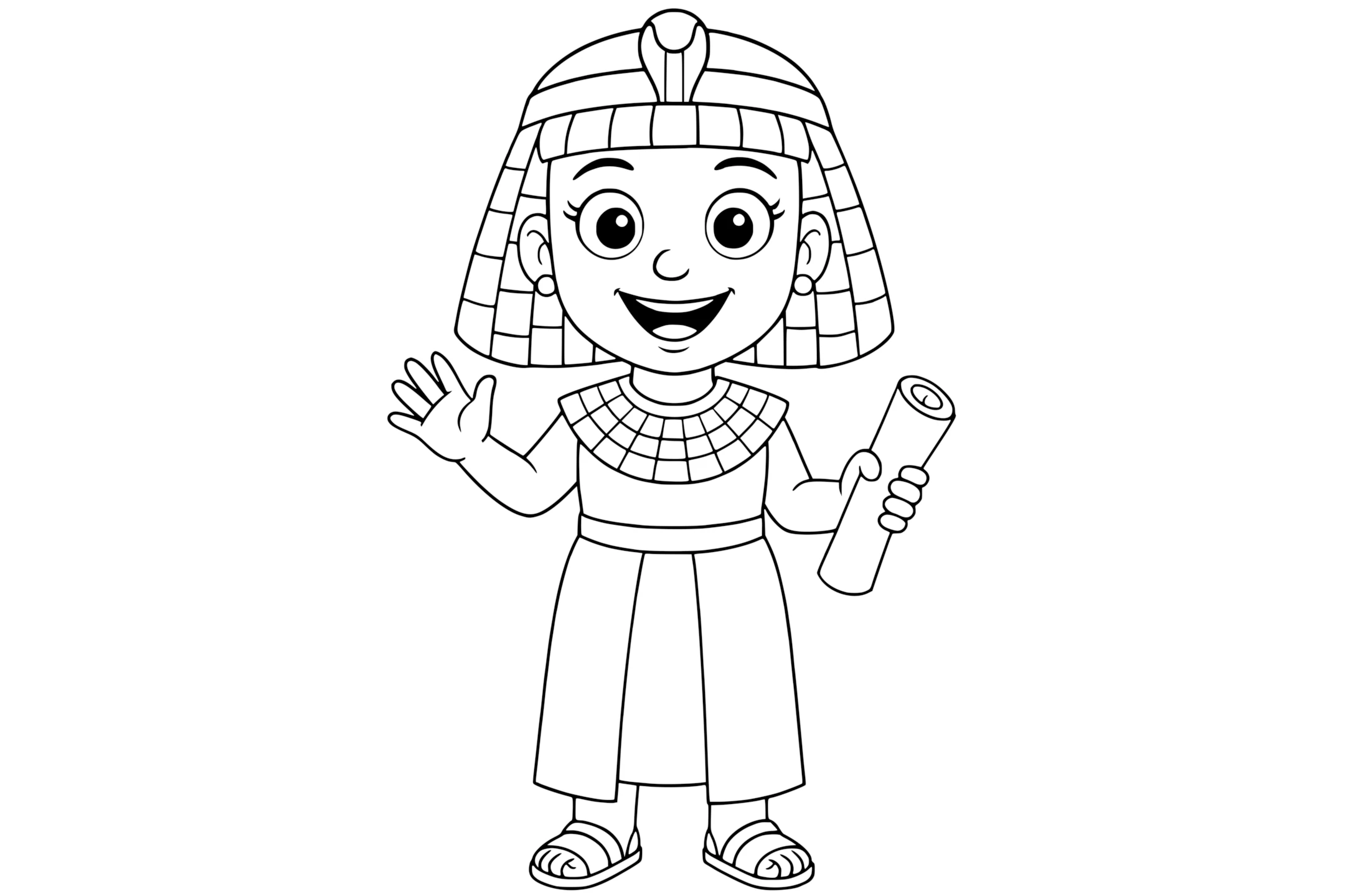 Cleopatra smiling and waving, wearing a traditional headdress, necklace, sandals, and holding a scroll.