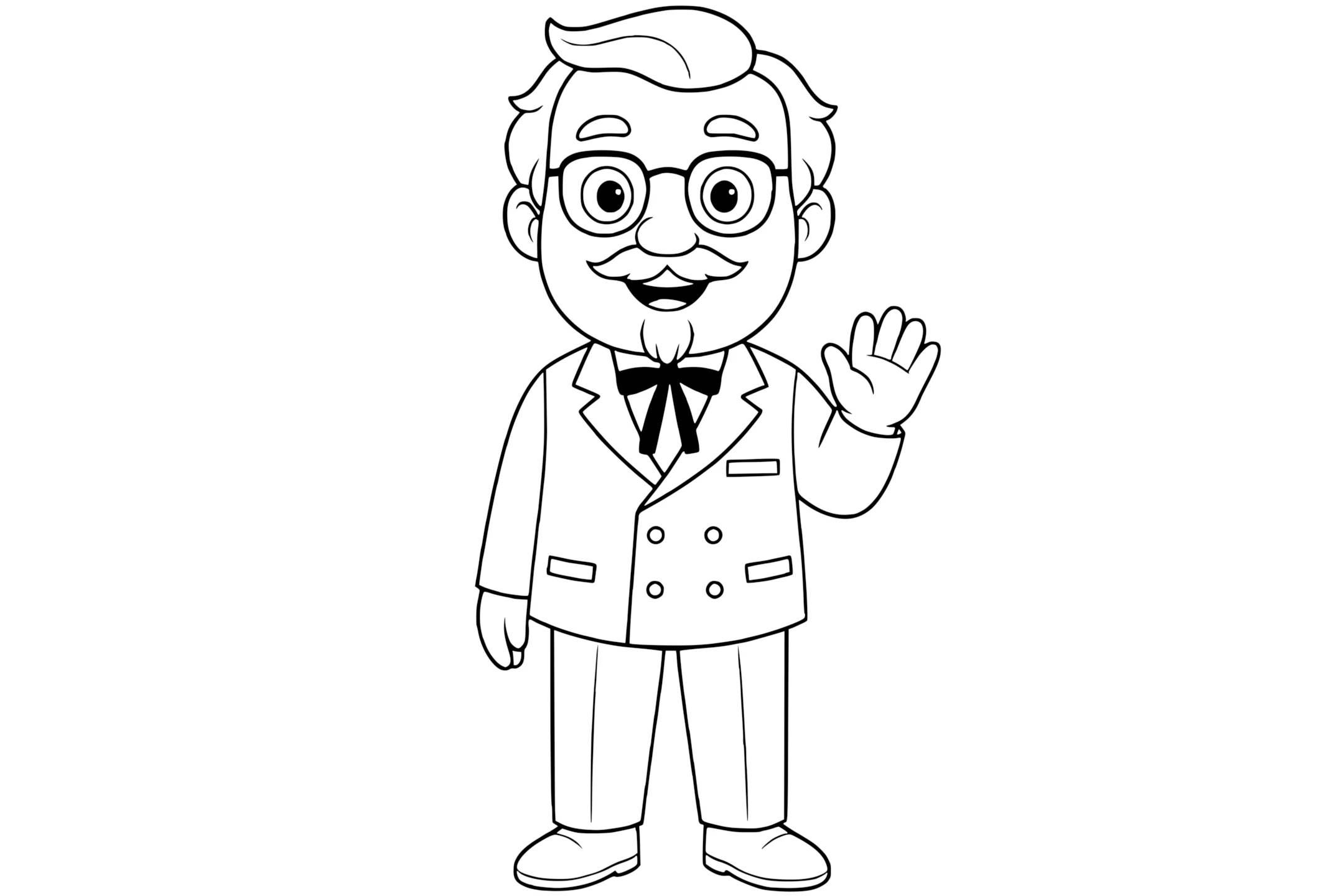Colonel Sanders smiling and waving, wearing glasses, a goatee, and a double-breasted suit with a western string tie.