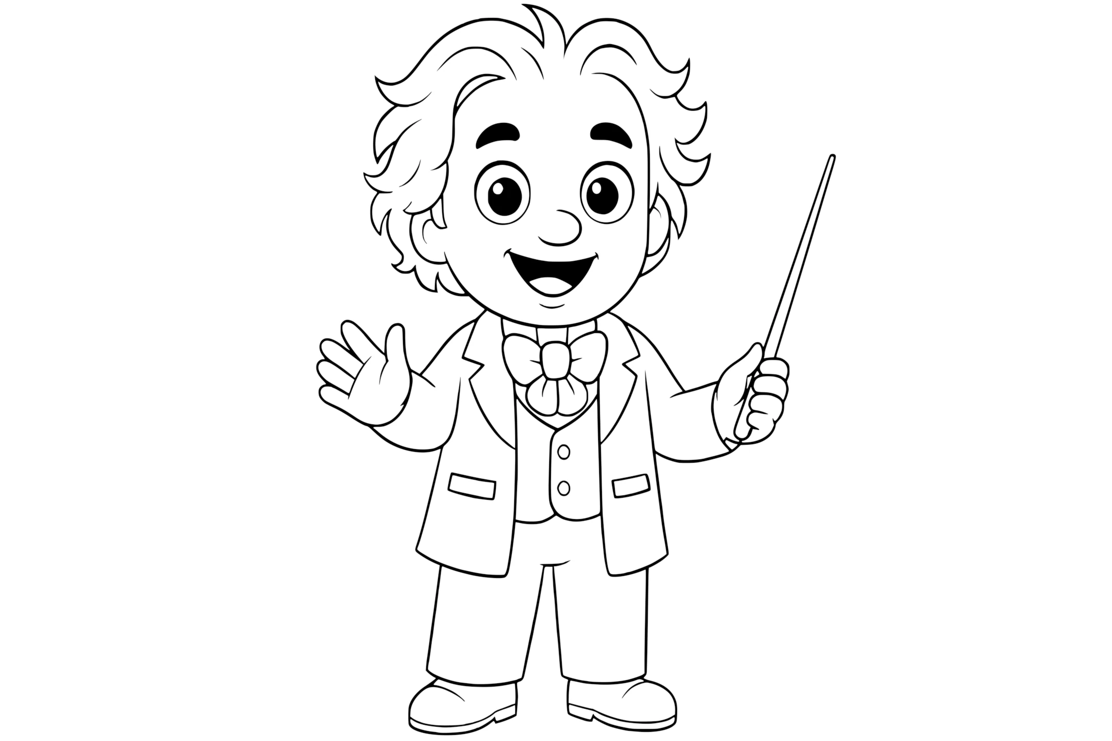 Ludwig van Beethoven smiling and waving, holding a conductor’s baton, wearing a suit with bow tie and vest, with tousled hair.