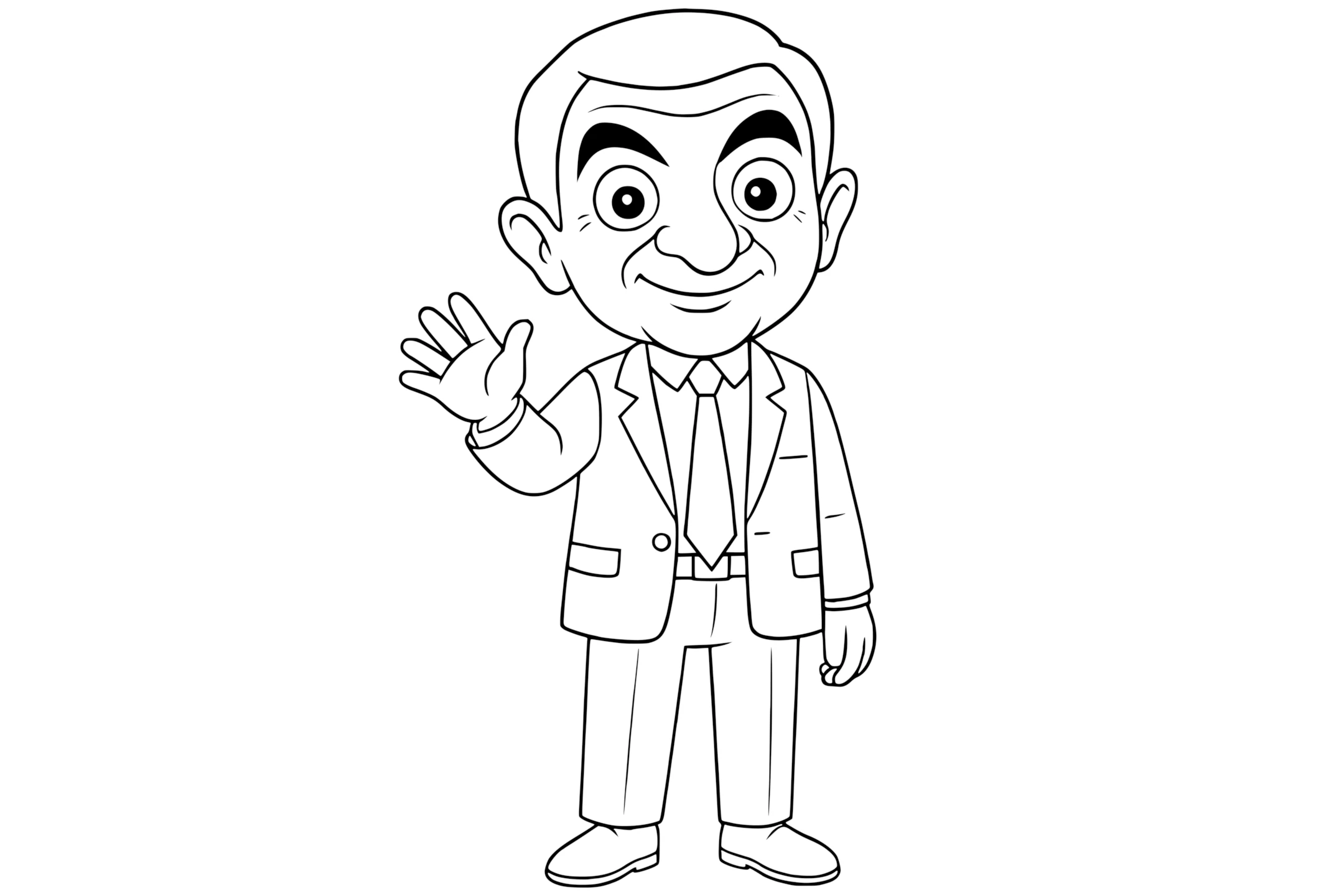 Rowan Atkinson smiling and waving in Mr. Bean style, wearing a suit and tie with exaggerated eyebrows and a playful expression.