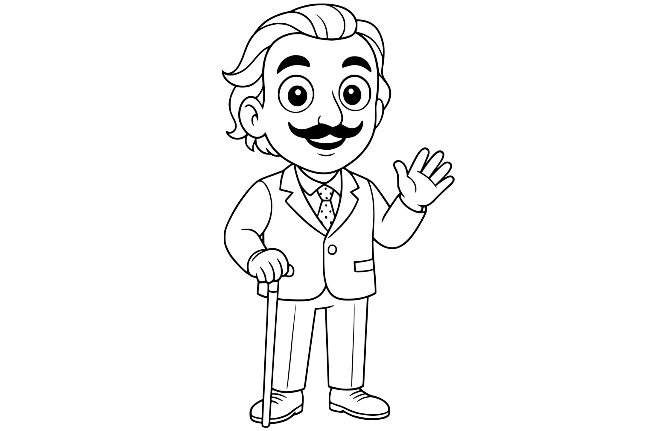 Salvador DalĂ smiling and waving, wearing a suit and tie with polka dots, holding a cane, and showing his signature mustache and wavy hair.