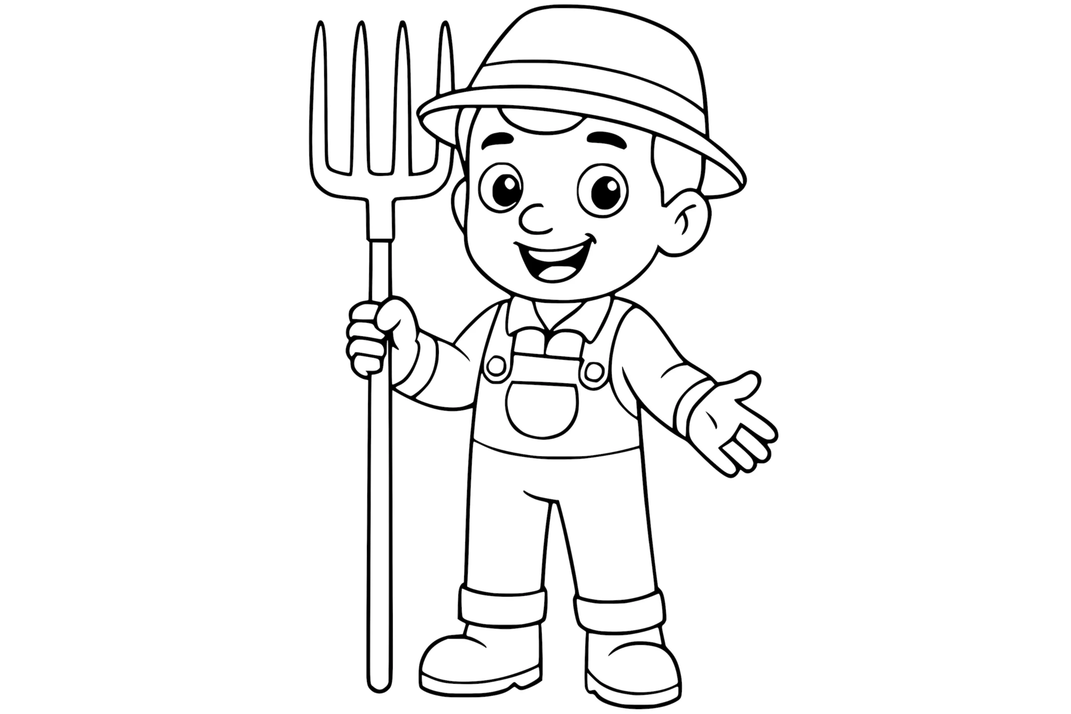 Farmer smiling in overalls and boots, wearing a hat and holding a pitchfork in one hand.