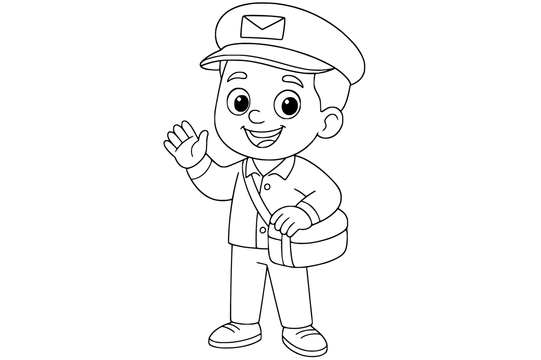Mail carrier smiling and waving, wearing a cap with an envelope symbol and carrying a shoulder bag.