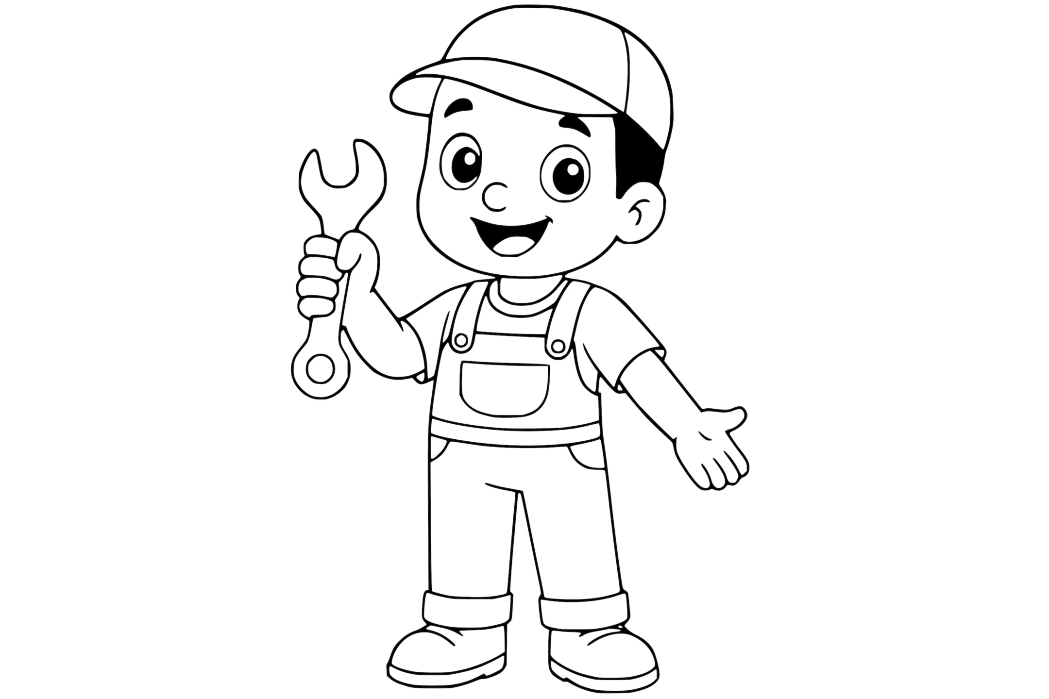 Mechanic smiling in overalls and a cap, holding a wrench in one hand and gesturing with the other.