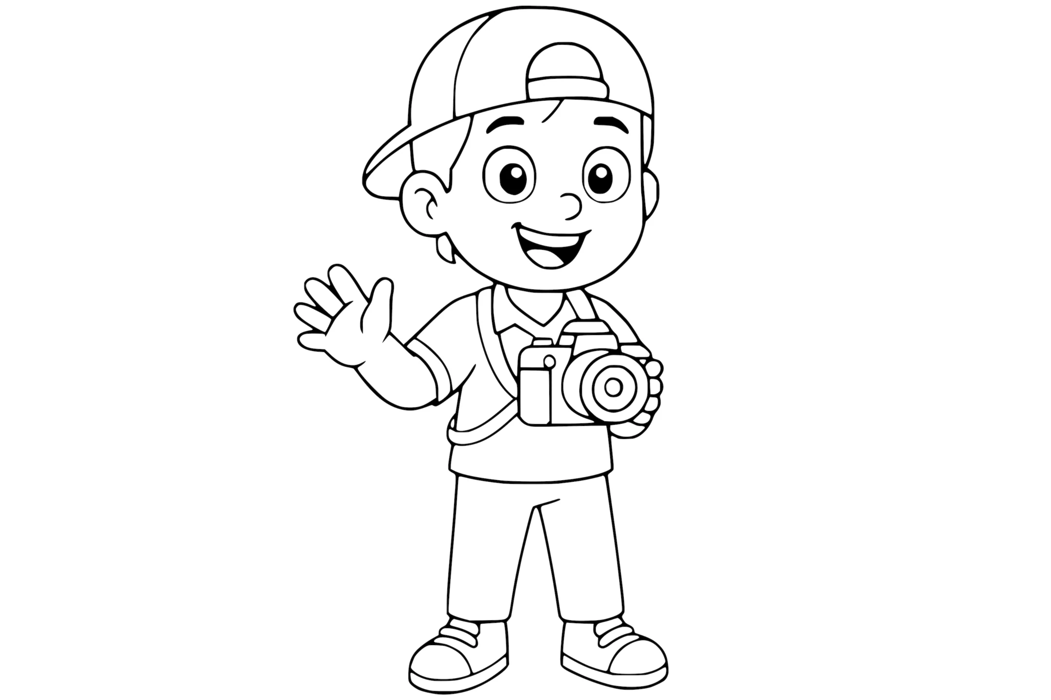 Photographer smiling and waving, wearing a cap and holding a camera strapped around the neck.