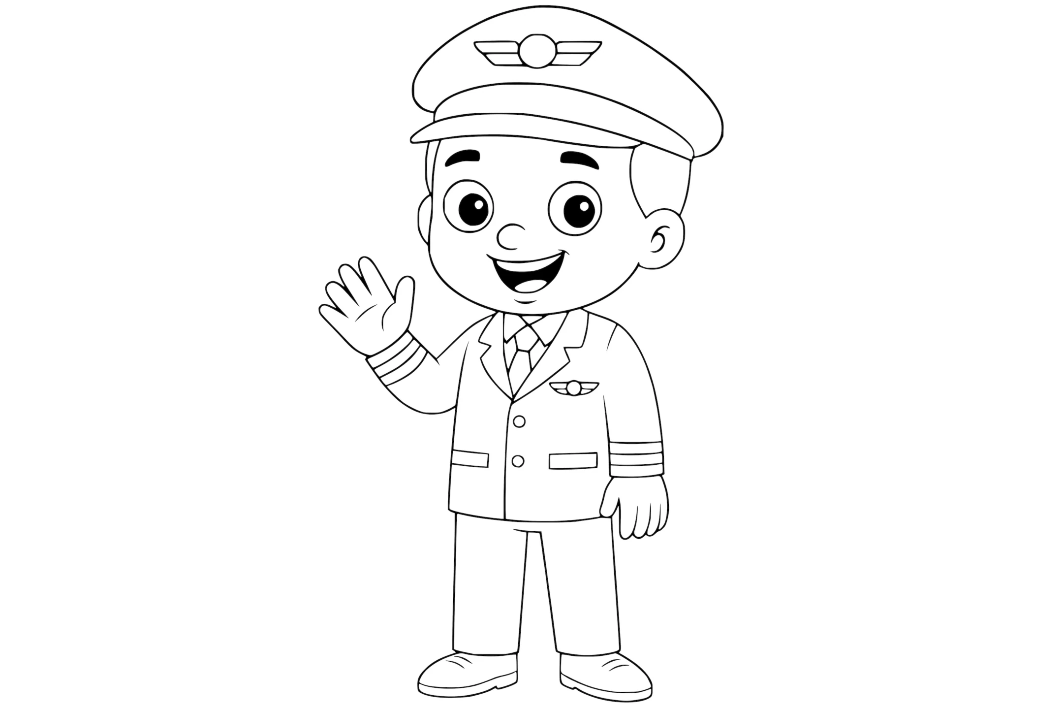 Pilot smiling and waving, wearing a uniform with a cap and aviation badge.