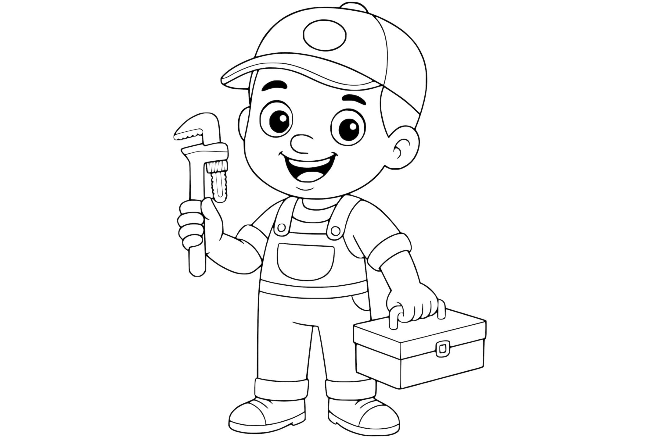 Plumber smiling in overalls and a cap, holding a pipe wrench in one hand and a toolbox in the other.