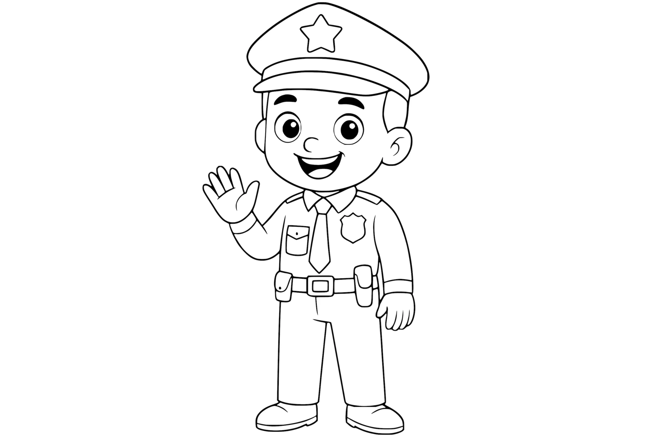 Police officer smiling and waving, wearing a uniform with a star badge, utility belt, and cap.