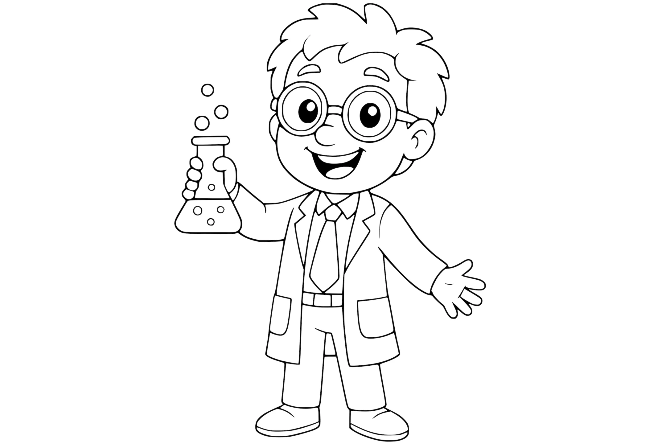 Scientist holding a bubbling flask in one hand, wearing a lab coat, glasses, and a tie.
