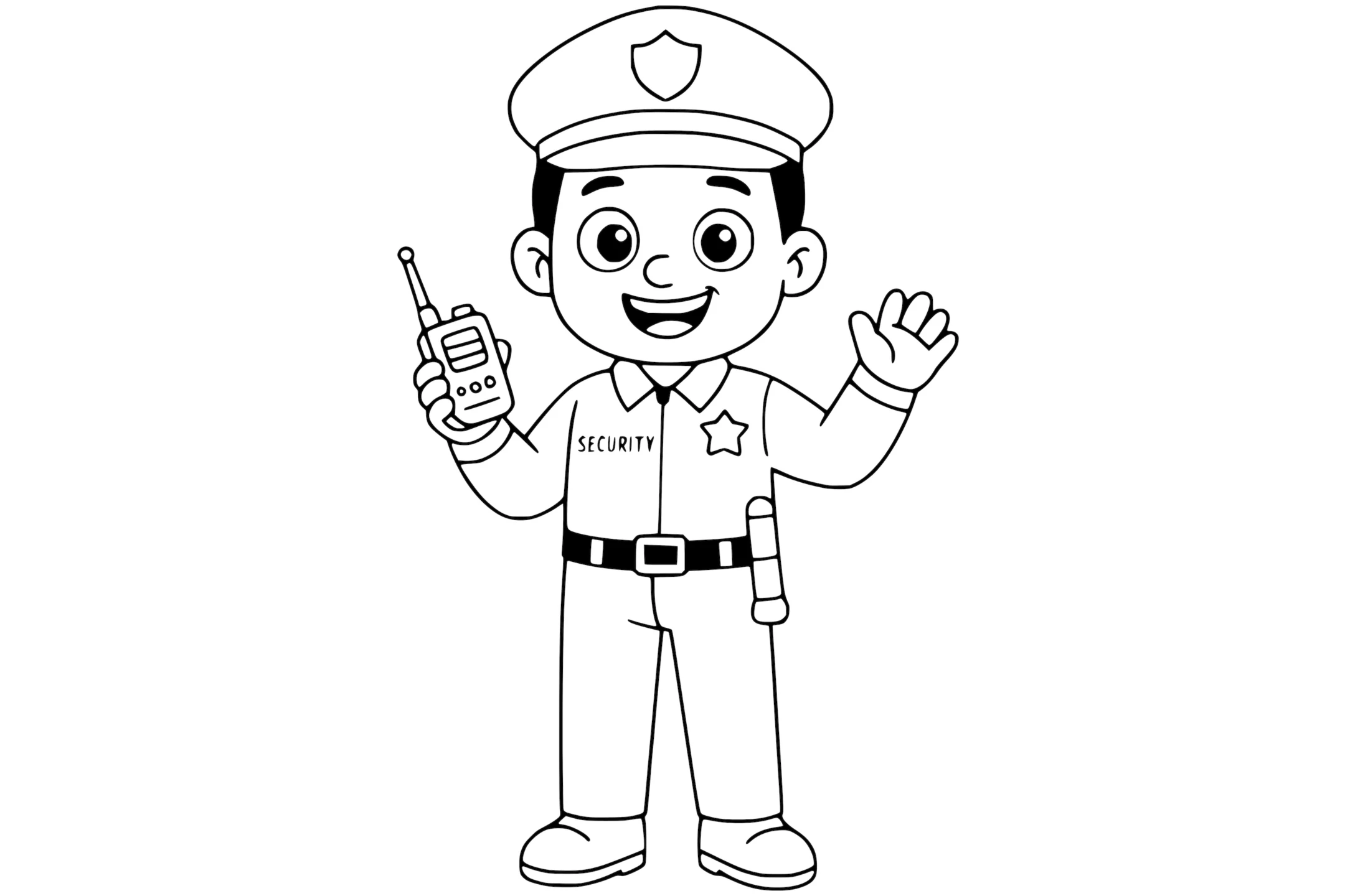 Security guard holding a walkie-talkie, wearing a uniform and cap with a badge.