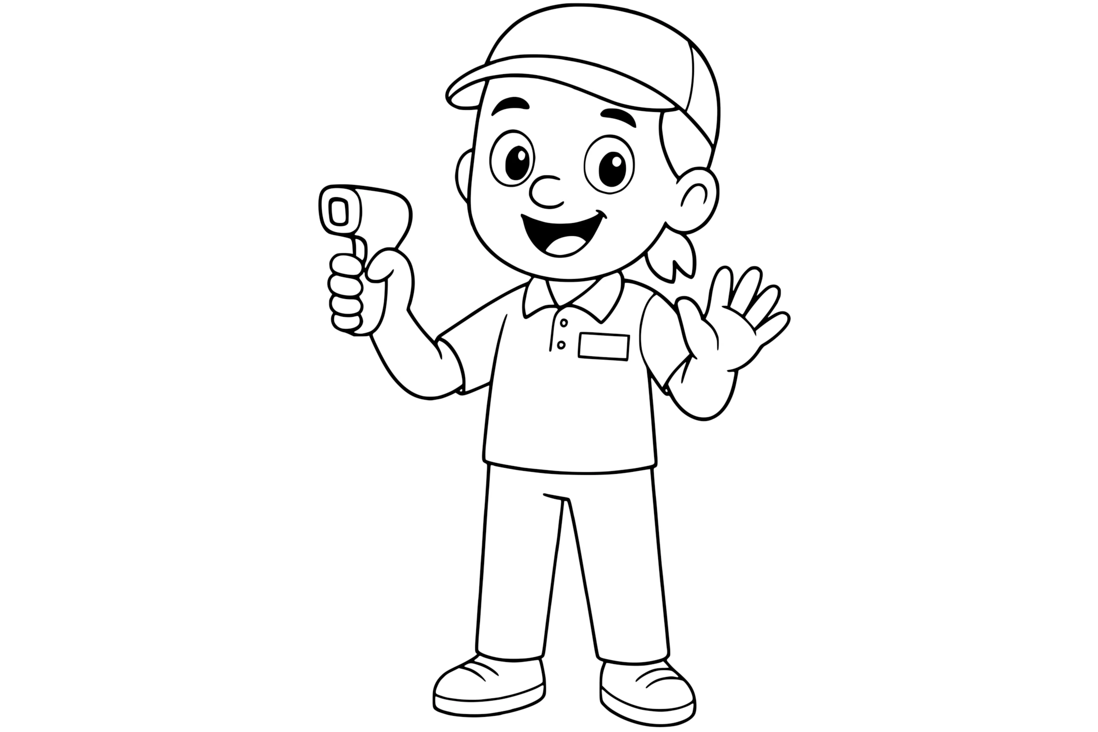 Cashier in uniform, holding a barcode scanner.