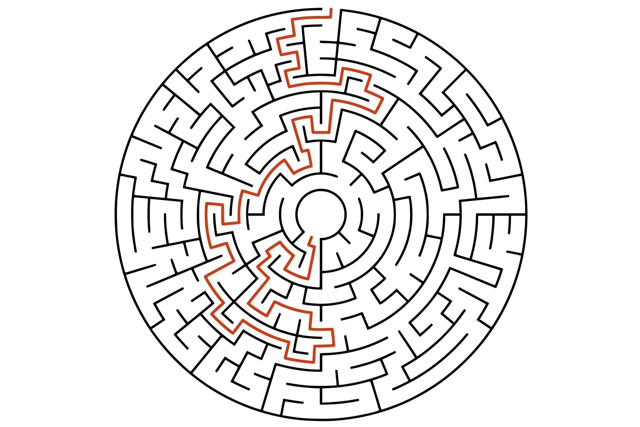 Circular maze in black and white with curved paths and a highlighted orange solution line.