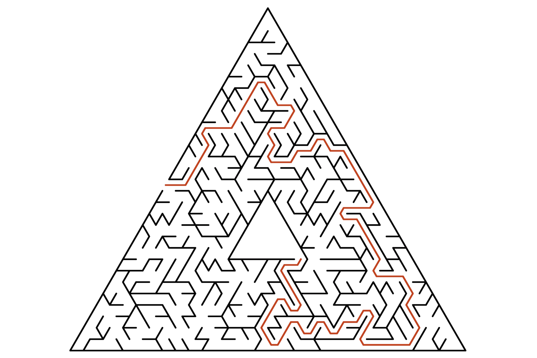 Triangular maze in black and white with angled corridors and an orange solution line.