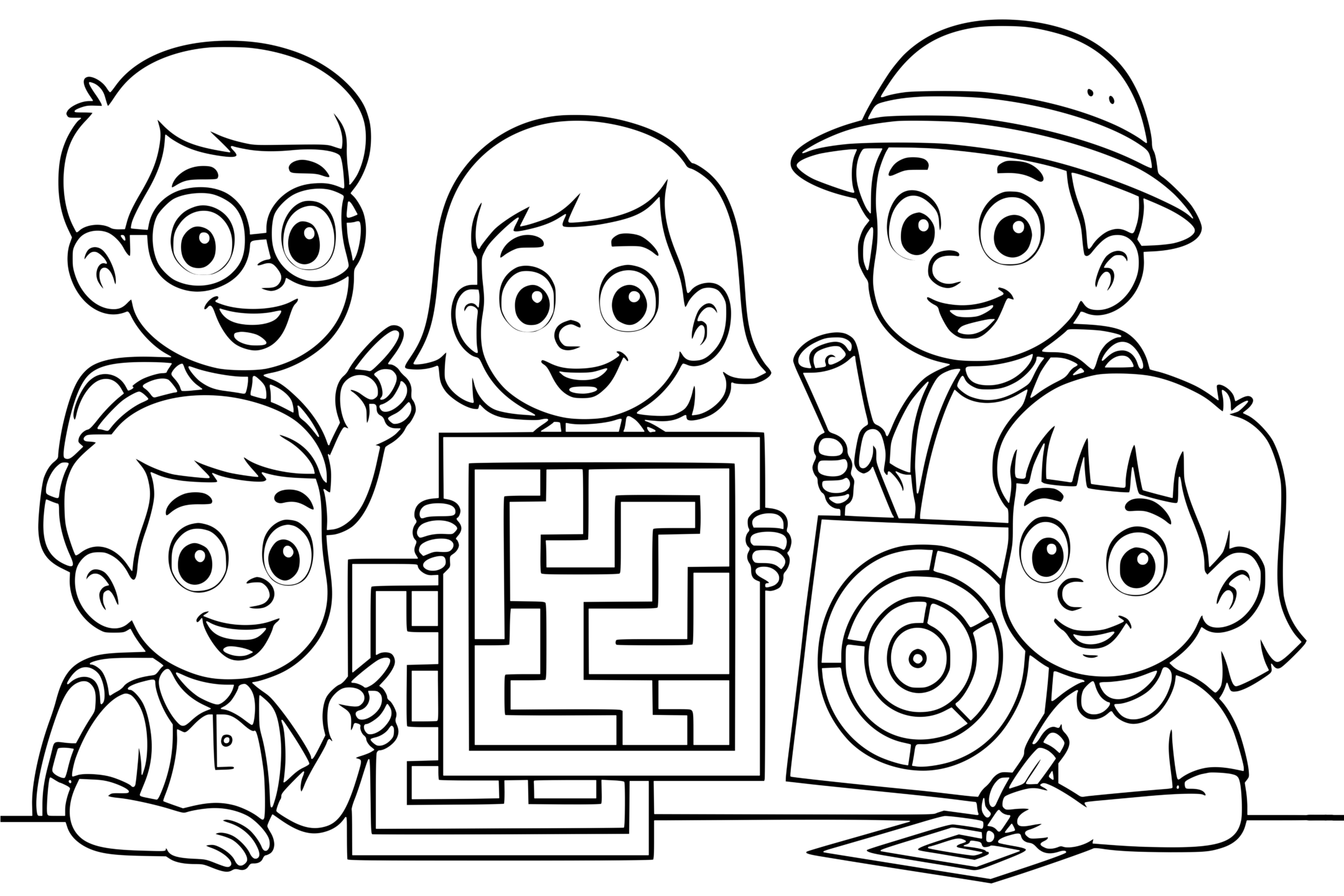 Cute maze activity illustration for kids: four children with big open eyes smiling around square, rectangular, and circular mazes, drawn in cartoon style on a white background.
