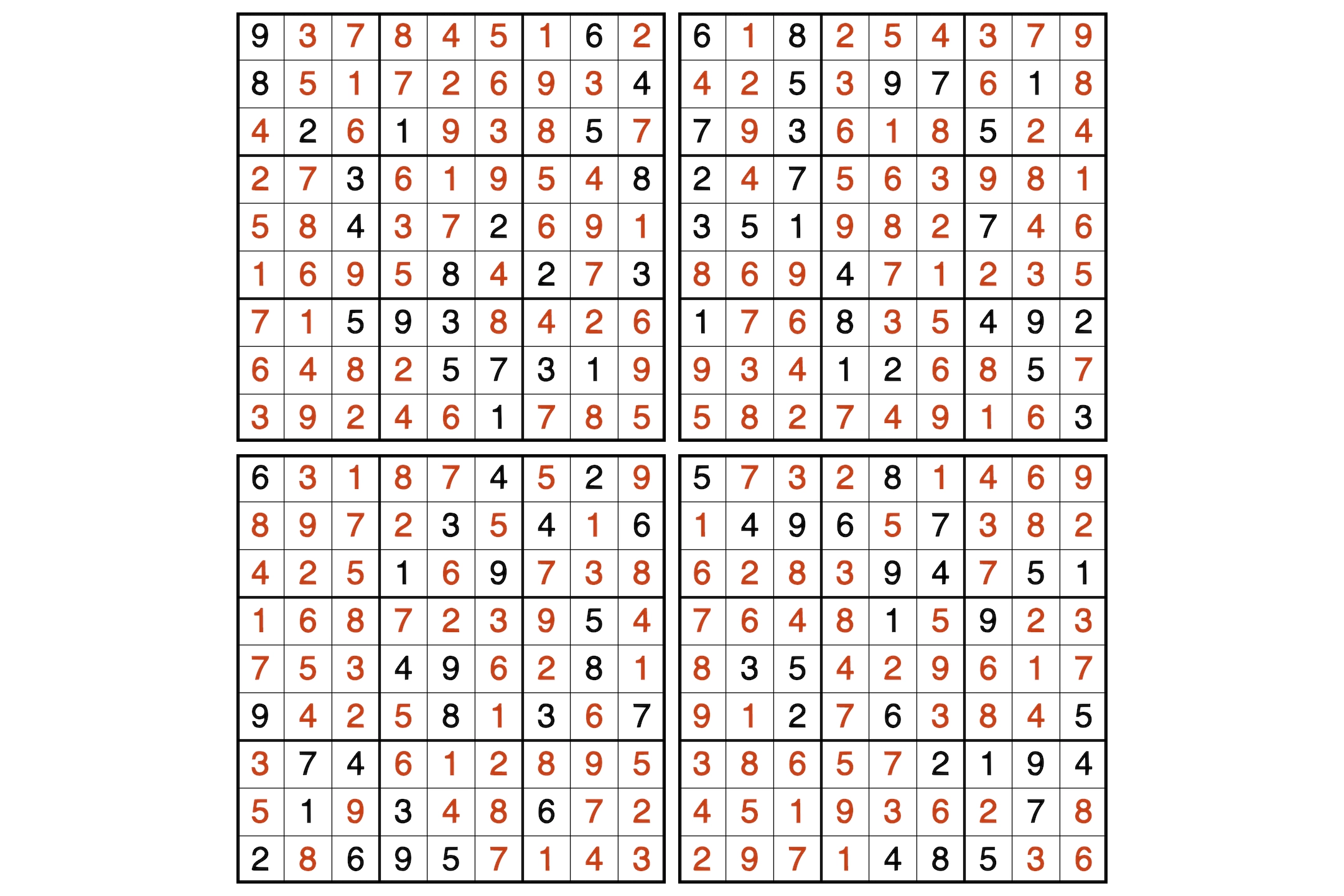 Four 9x9 Sudoku puzzles with solutions.