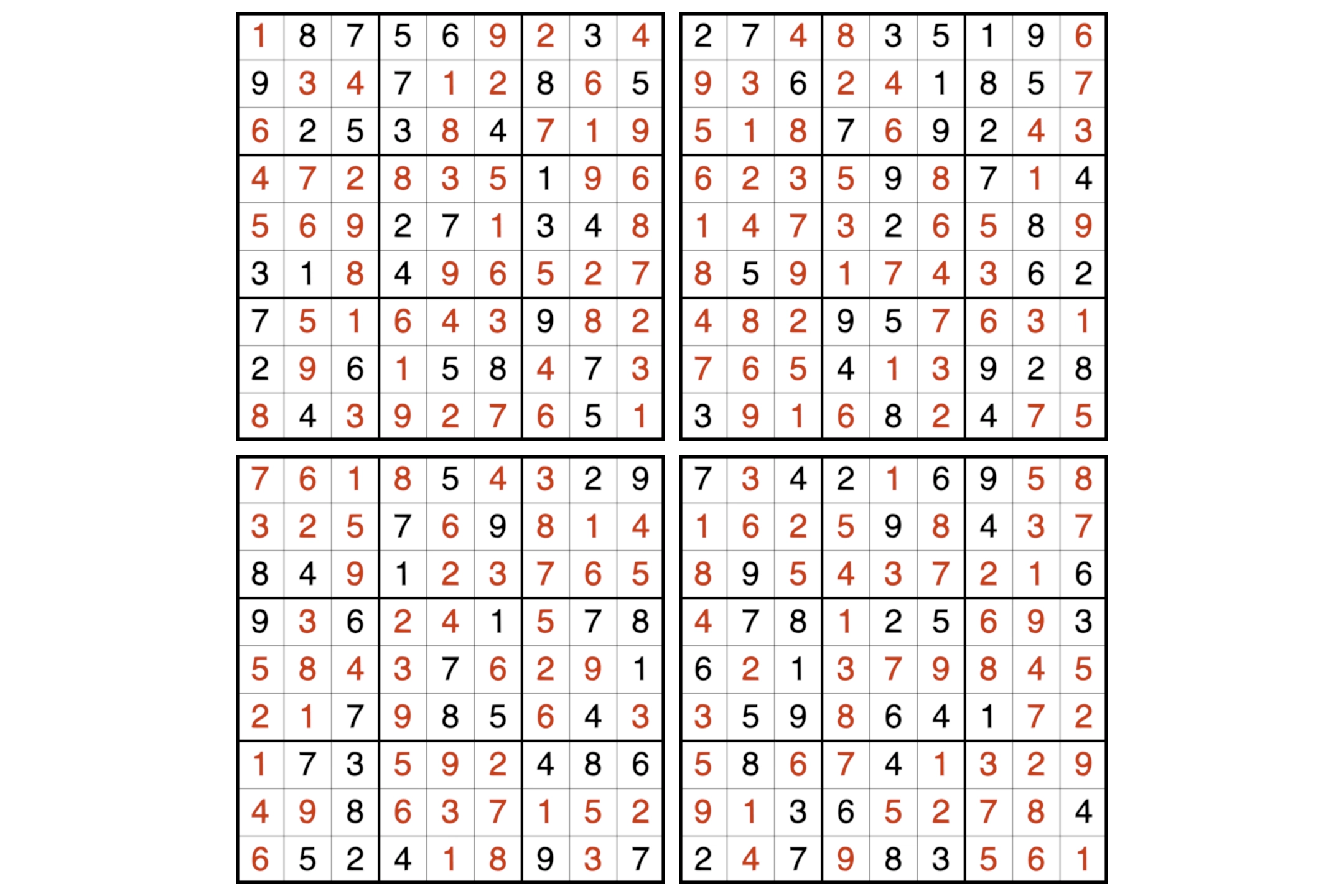 Four 9x9 Sudoku puzzles with solutions.