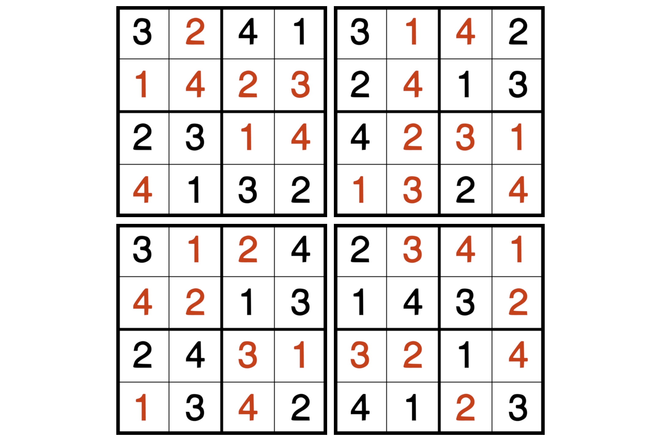 Four 4x4 Sudoku puzzles with solutions.