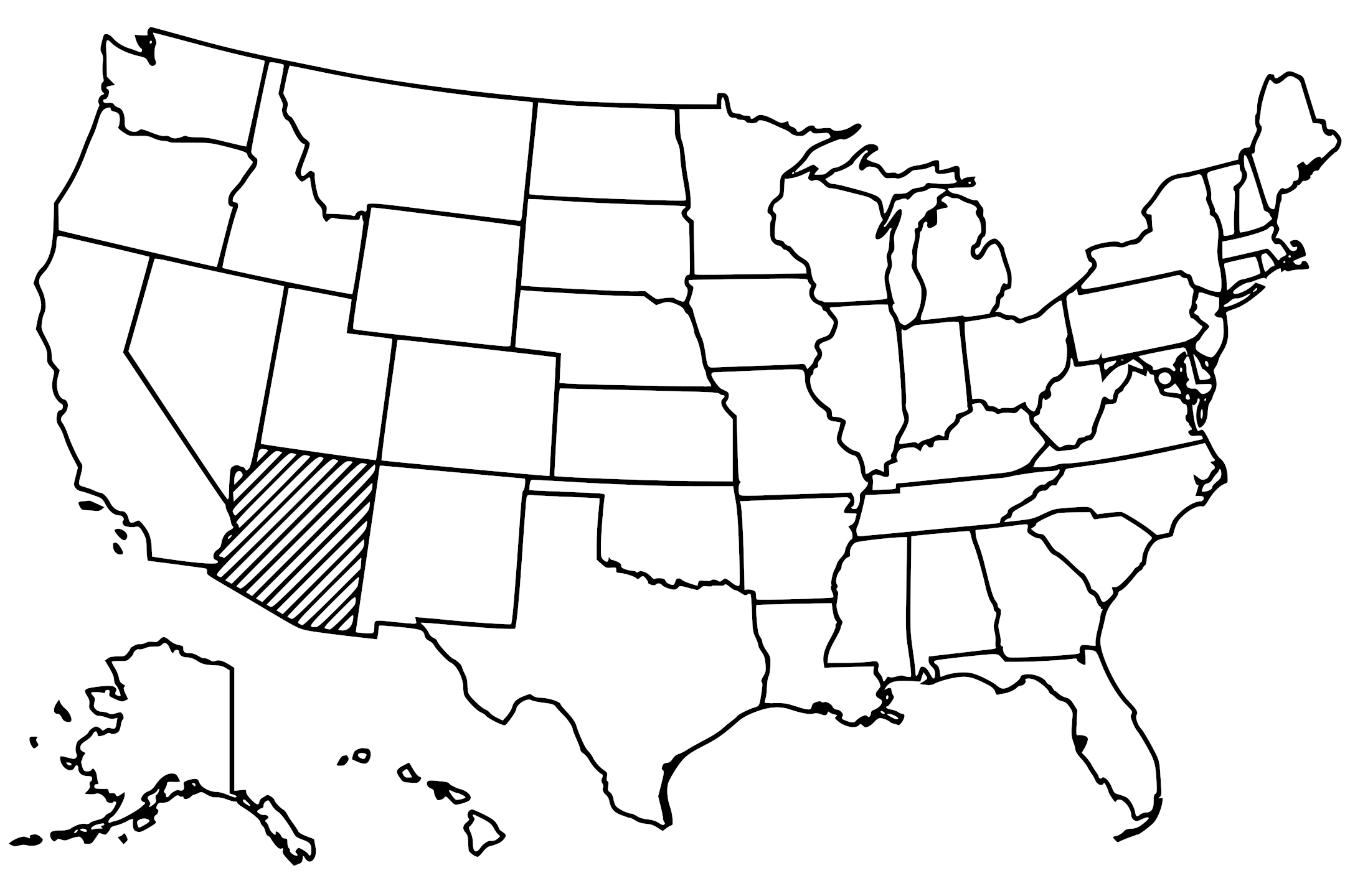 Map of the United States with Arizona highlighted using diagonal shading.