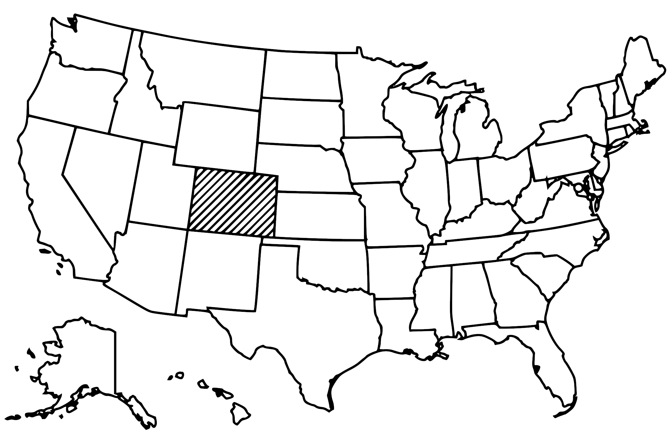 Map of the United States with Colorado highlighted using diagonal shading.