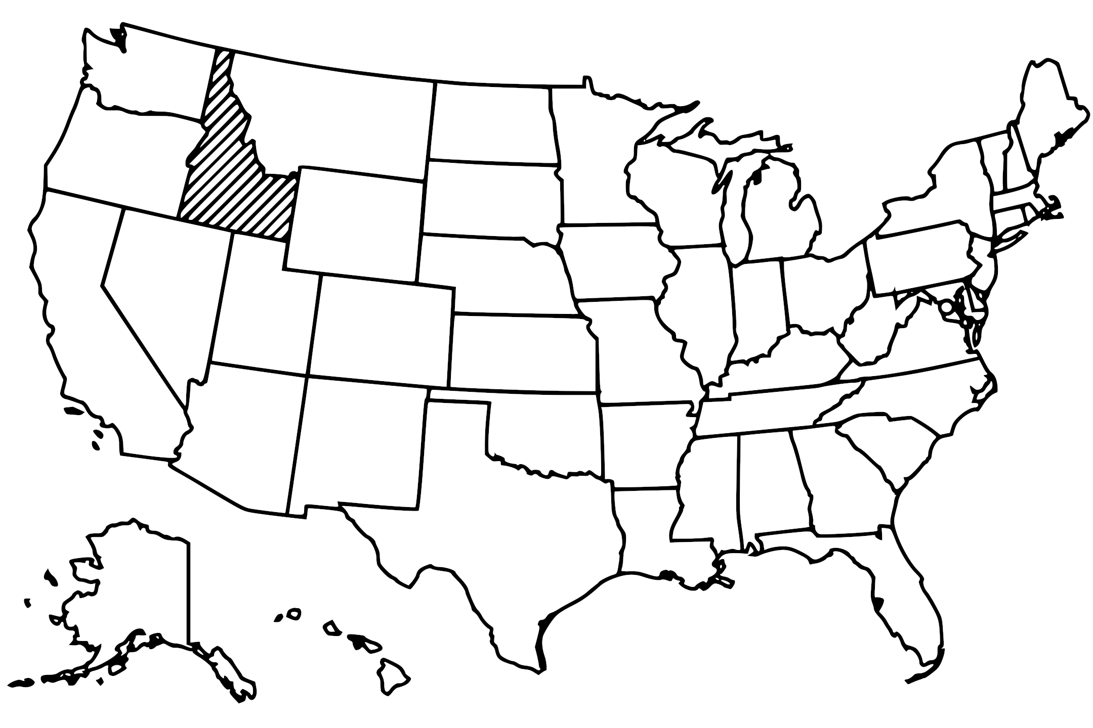 Map of the United States with Idaho highlighted using diagonal shading.