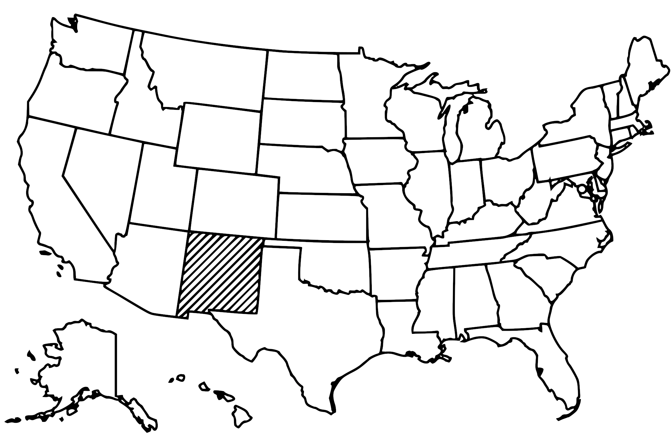 Map of the United States with New Mexico highlighted using diagonal shading.