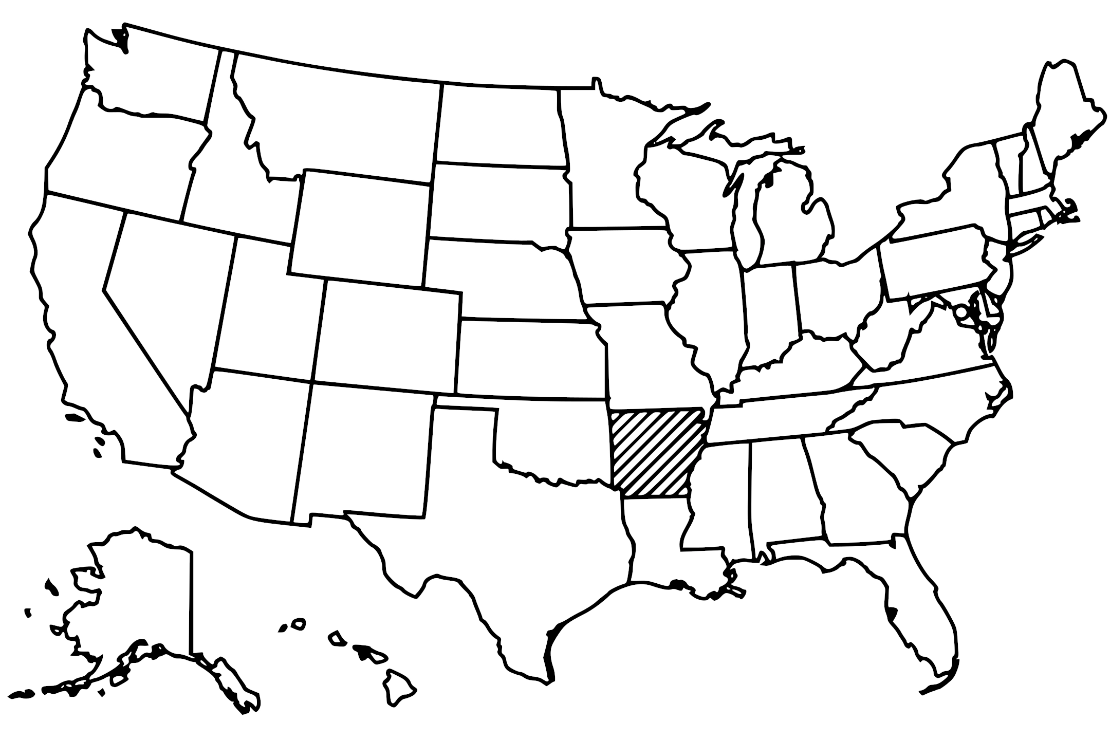Map of the United States with Arkansas highlighted using diagonal shading.