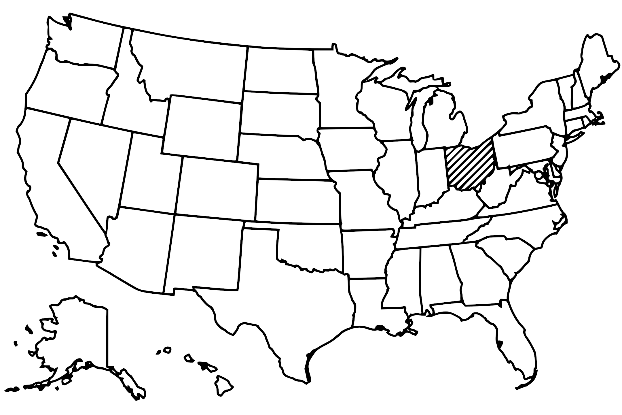 Map of the United States with Ohio highlighted using diagonal shading.