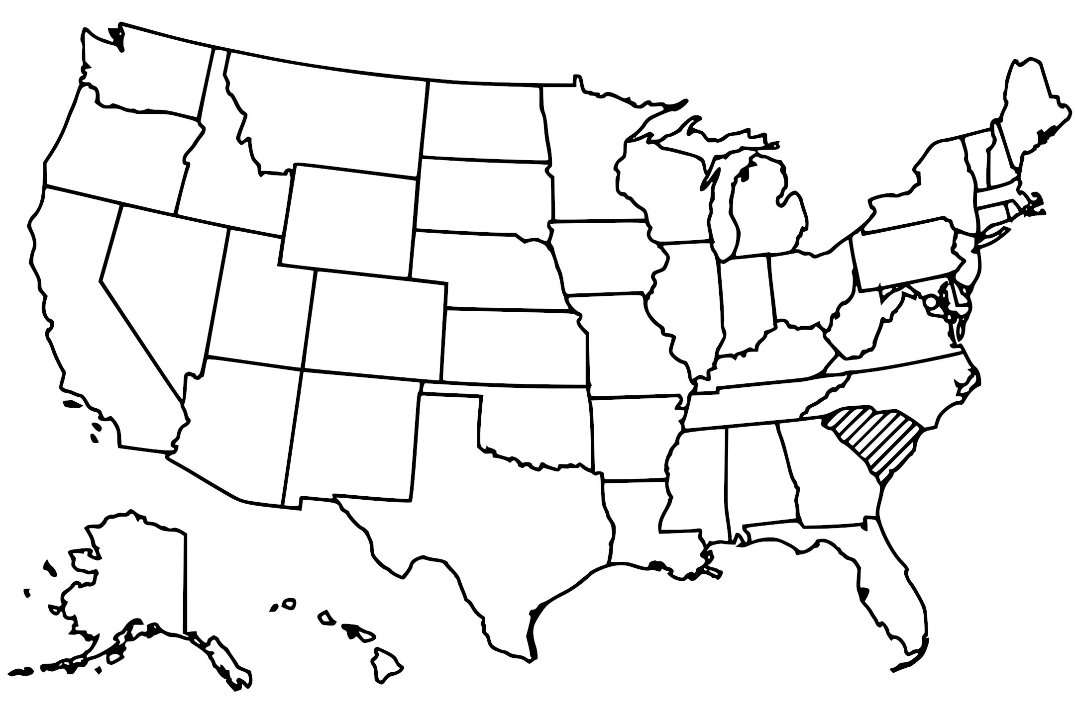 Map of the United States with South Carolina highlighted using diagonal shading.