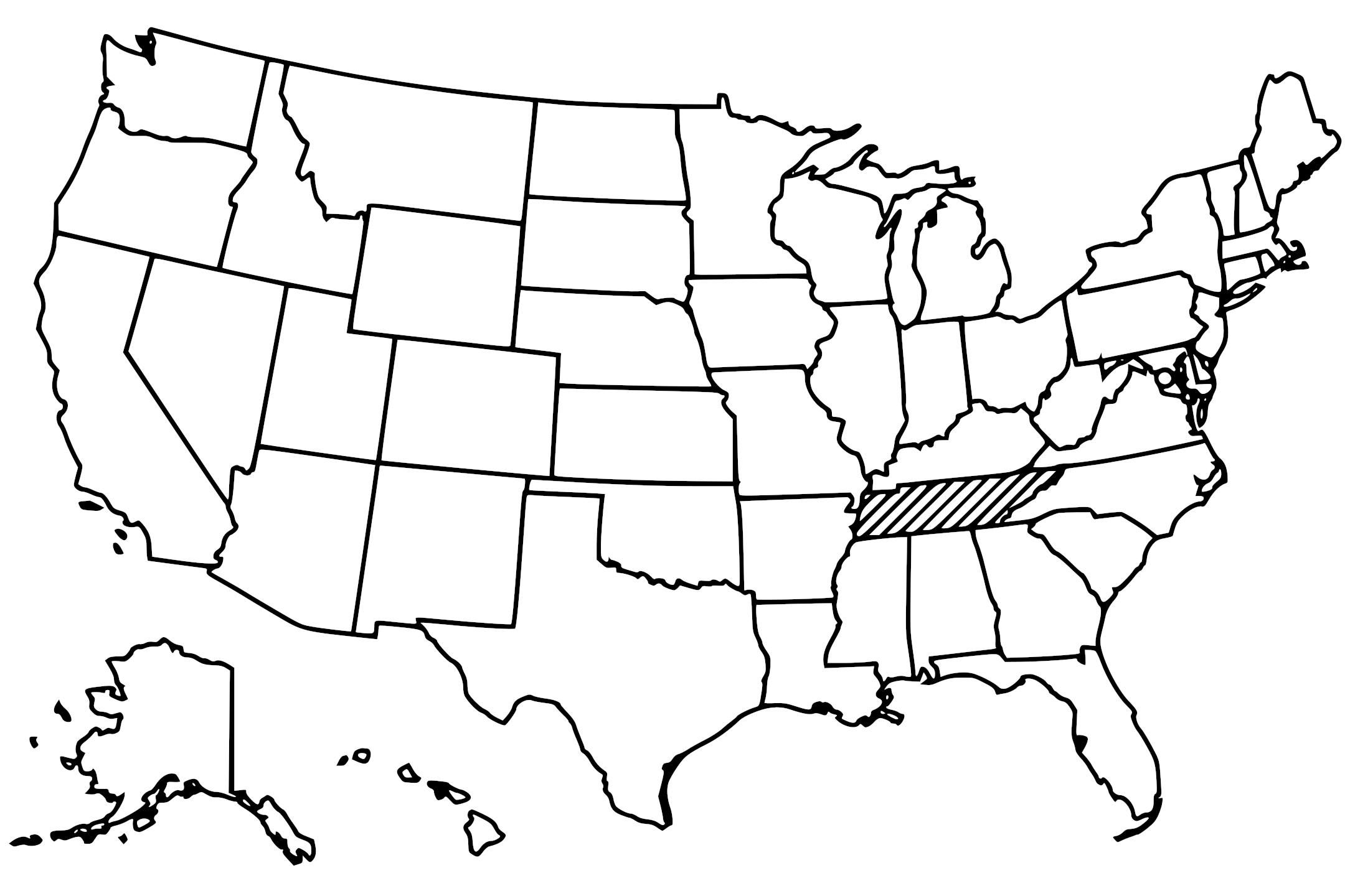 Map of the United States with Tennessee highlighted using diagonal shading.