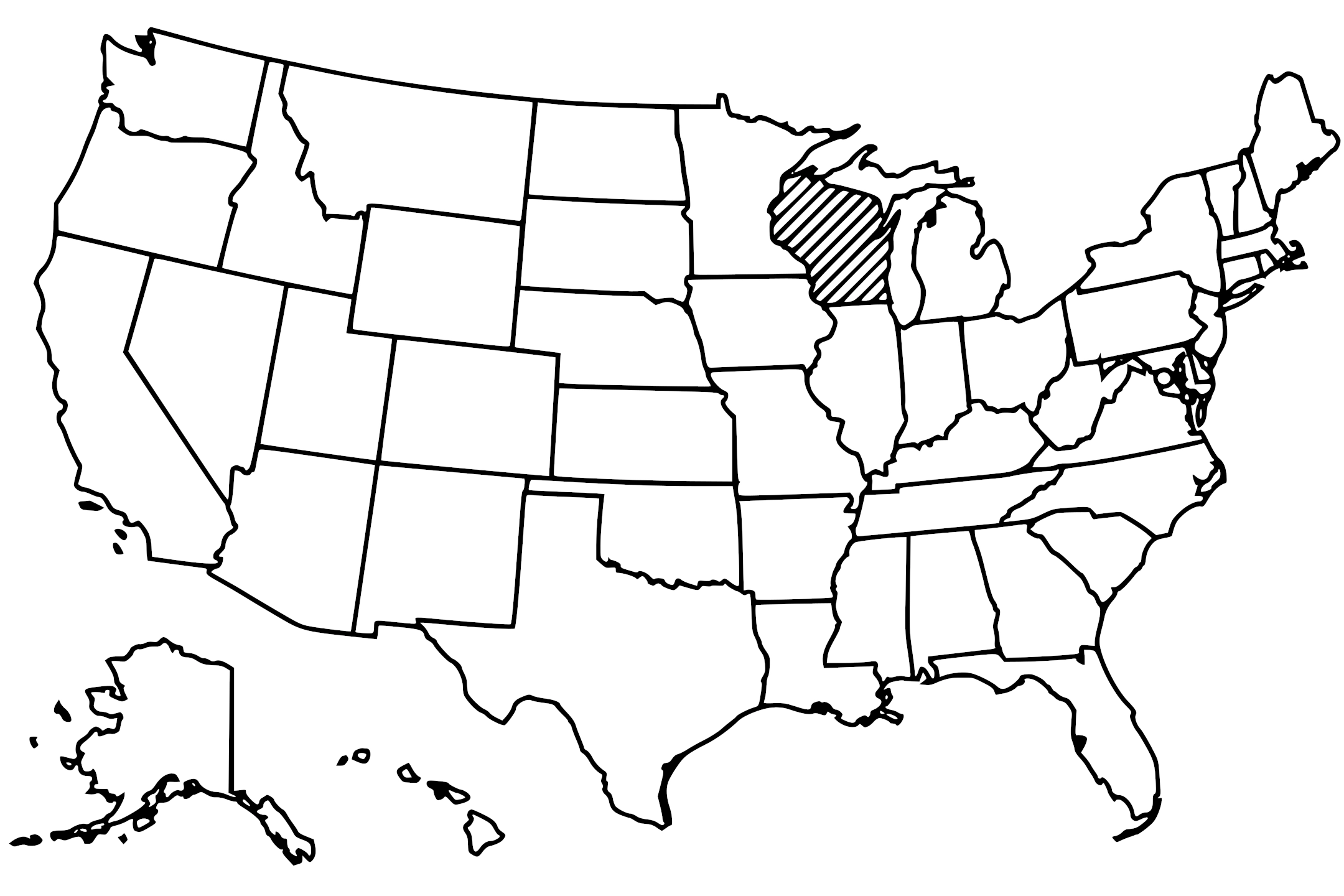 Map of the United States with Wisconsin highlighted using diagonal shading.